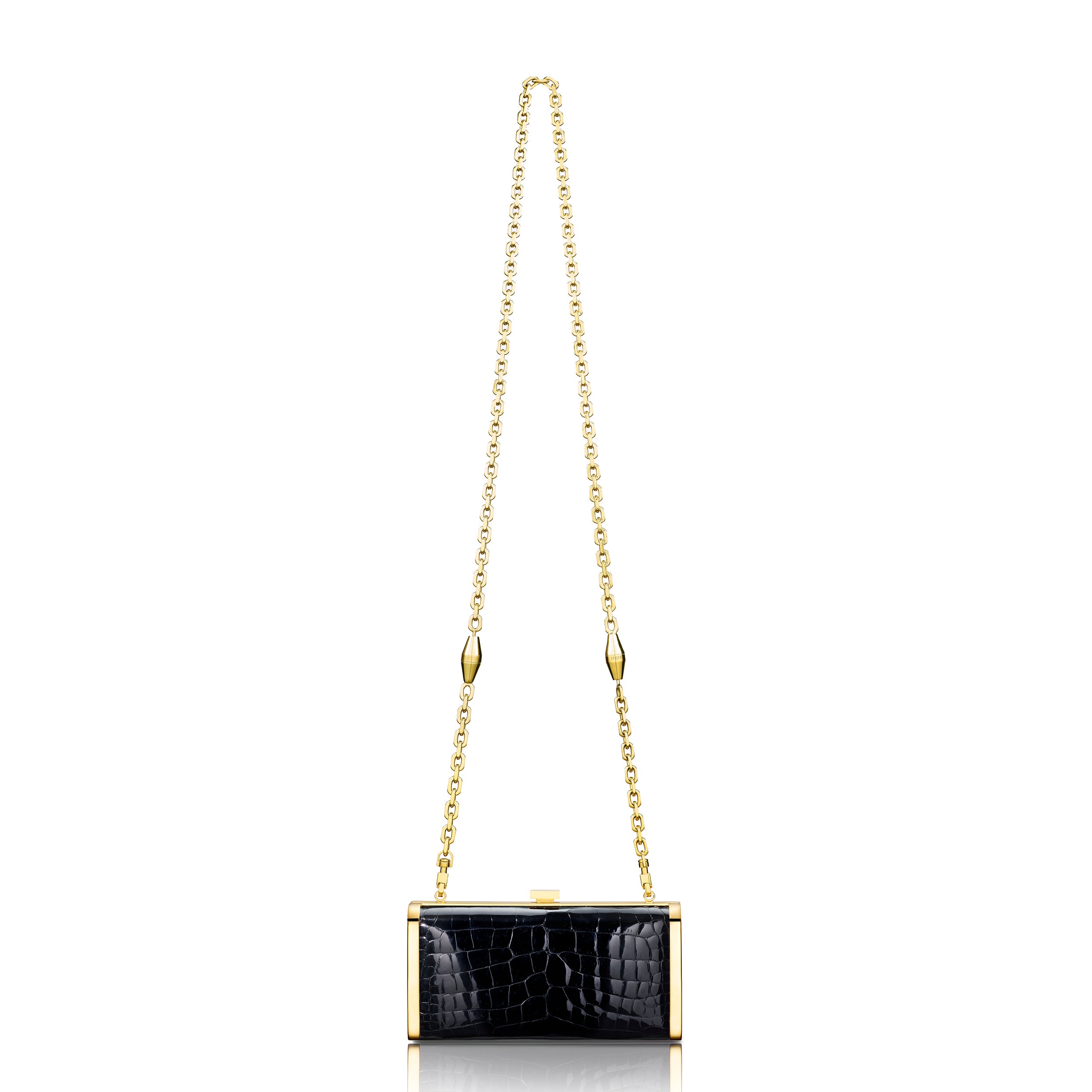 STALVEY Square Clutch in Black Alligator with 24kt Gold Hardware Front View with Chain