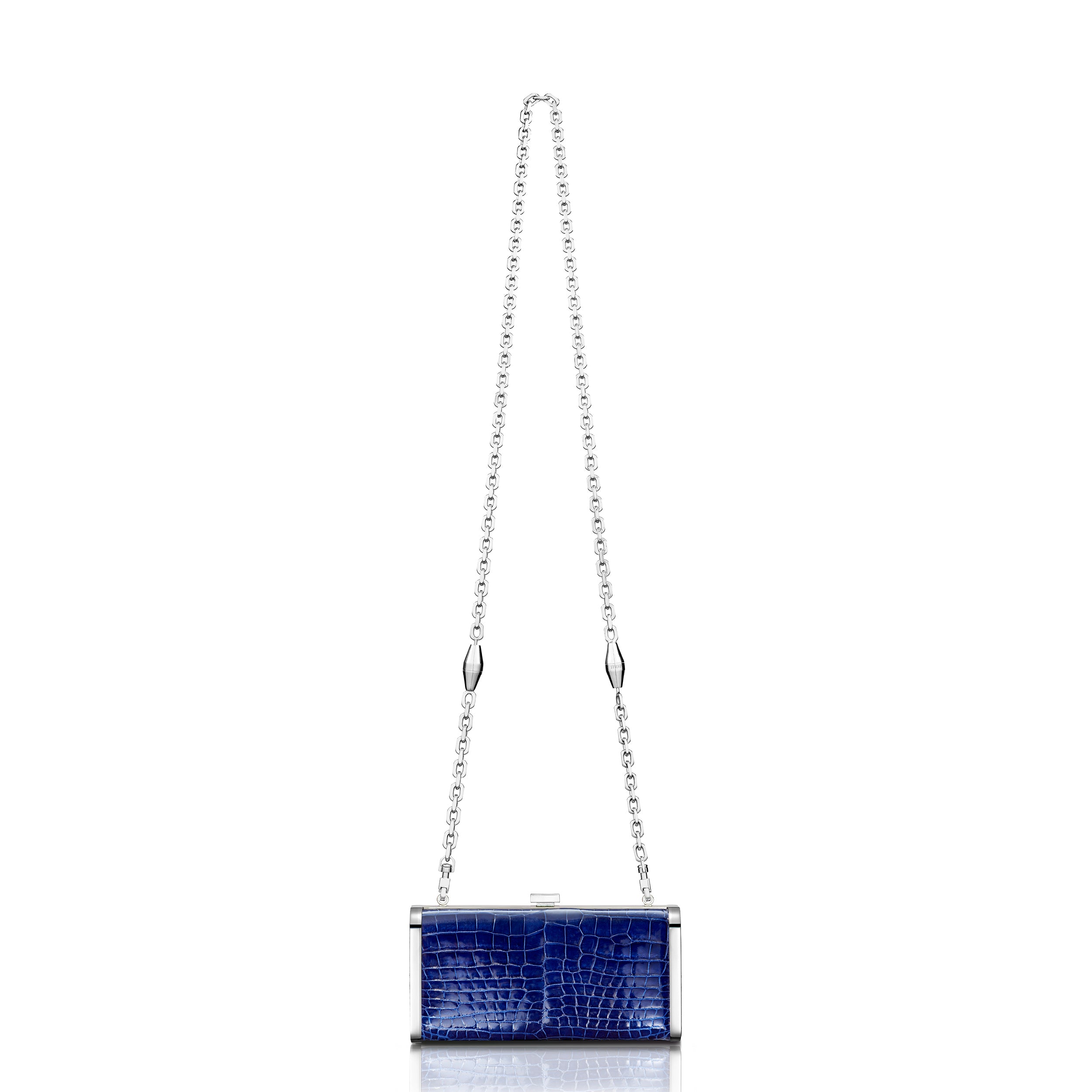 STALVEY Square Clutch in Cobalt Blue Alligator with Palladium Hardware Front View with Chain
