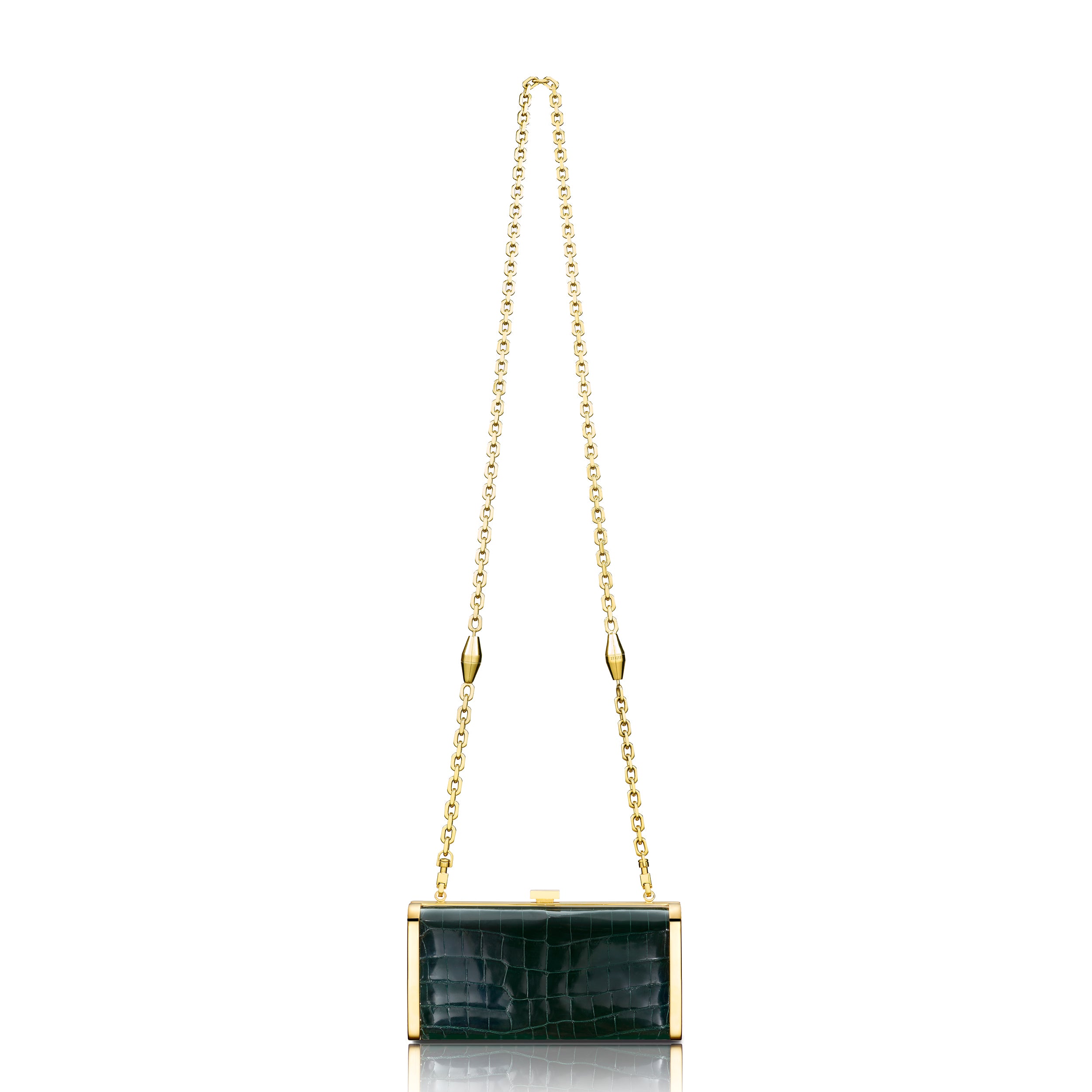 STALVEY Square Clutch in Emerald Alligator with 24kt Gold Hardware Front View with Chain