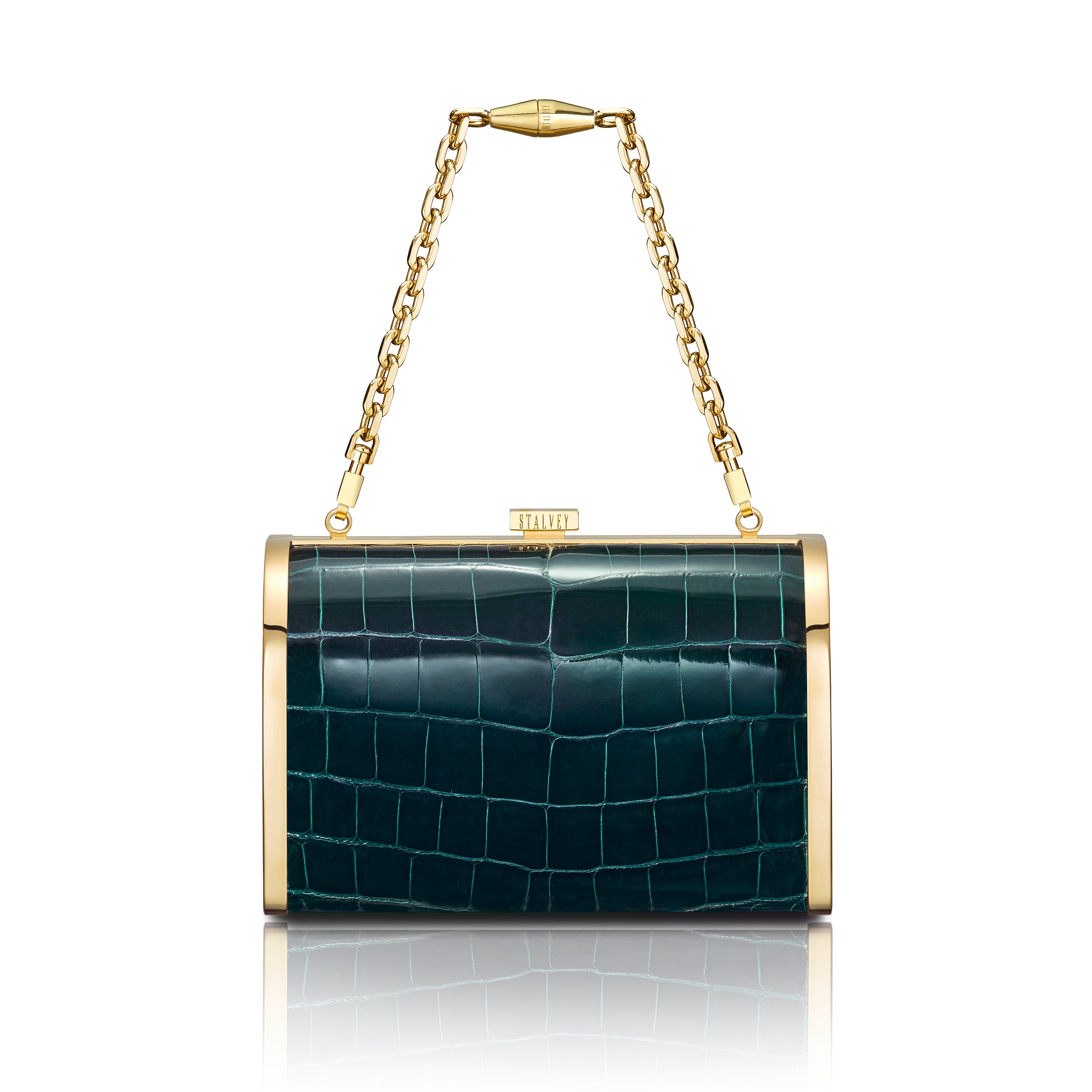STALVEY Rounded Clutch in Emerald Alligator with 24kt Gold Hardware Front View with Chain