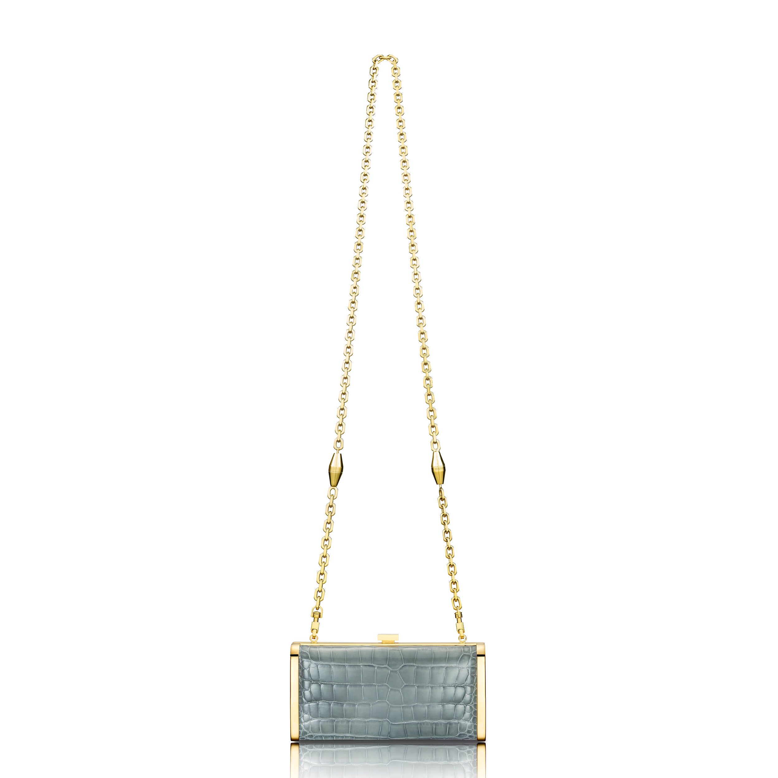 STALVEY Square Clutch in Gunmetal Alligator with 24kt Gold Hardware Front View with Chain