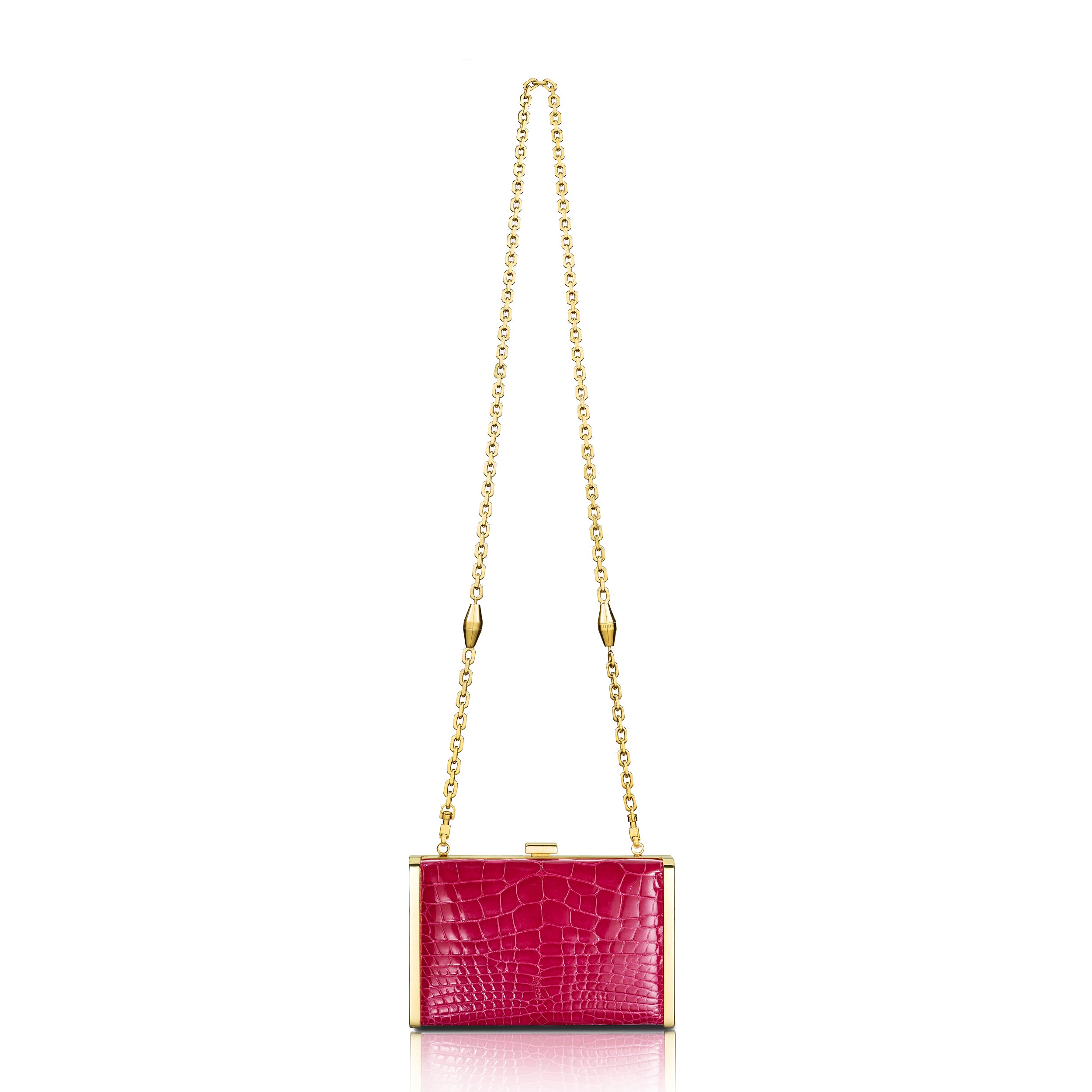 STALVEY Rounded Clutch in Hot Pink Alligator with 24kt Gold Hardware Front View with Chain