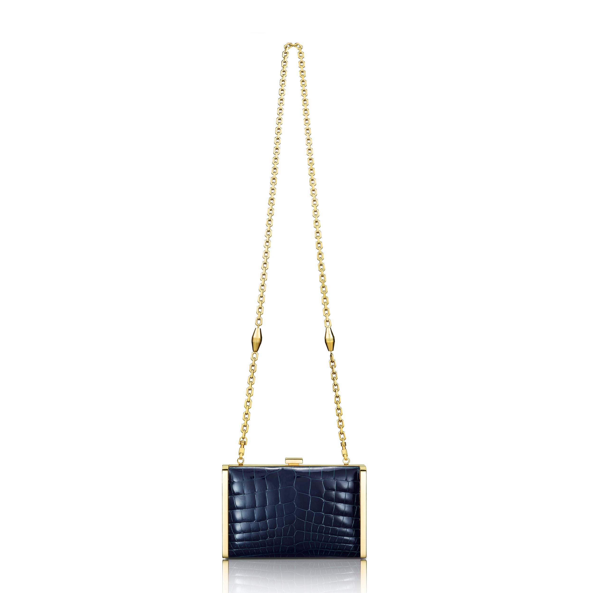 STALVEY Rounded Clutch in Marine Blue Alligator with 24kt Gold Hardware Front View with Chain