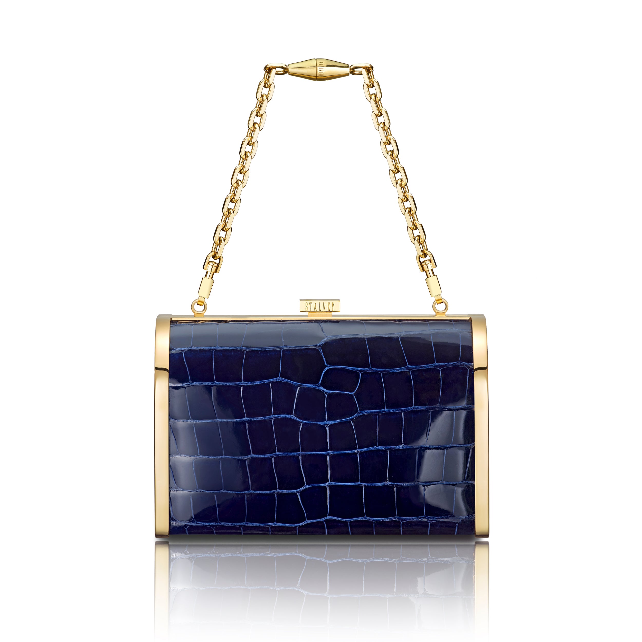 STALVEY Rounded Clutch in Marine Blue Alligator with 24kt Gold Hardware Front View with Chain