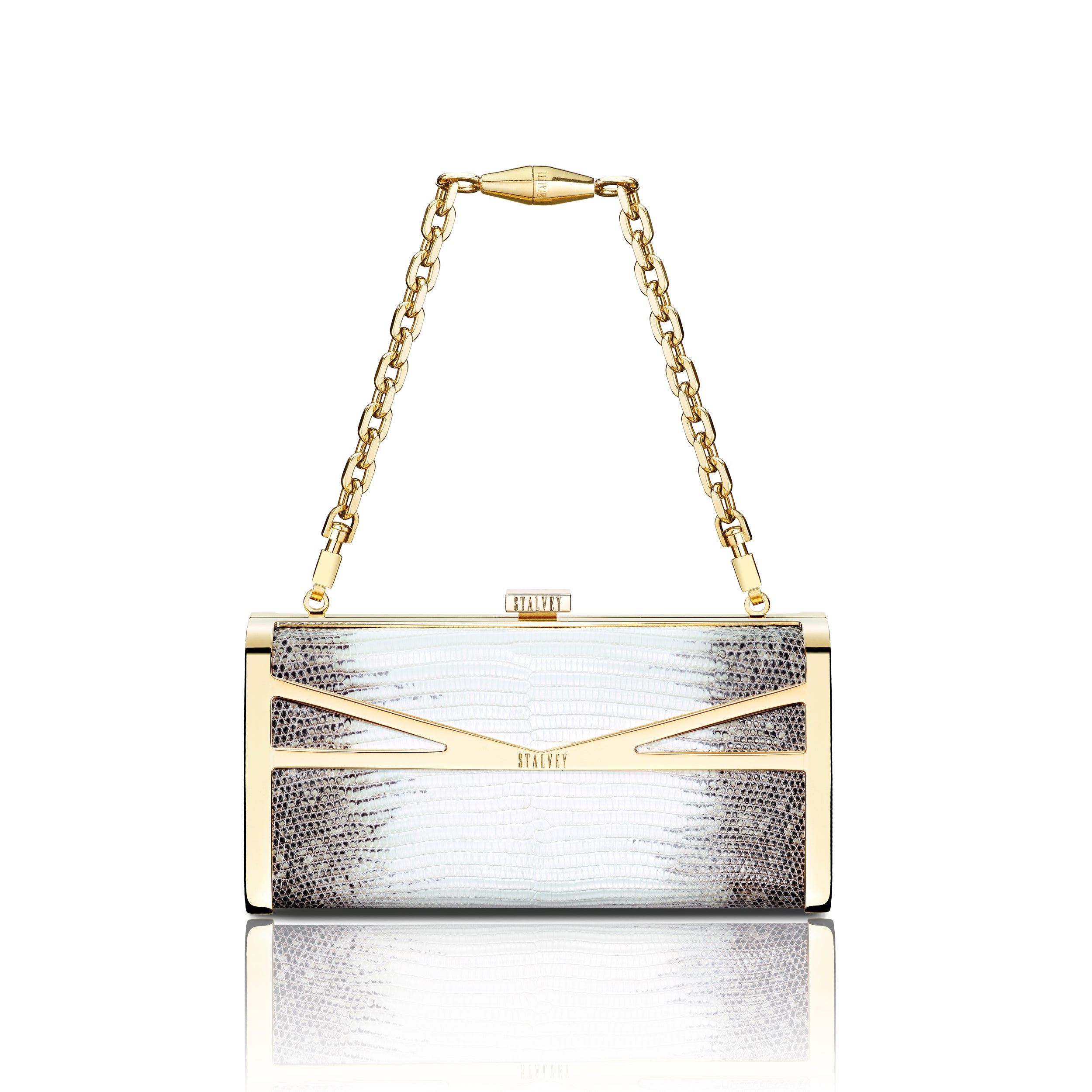 STALVEY Square Clutch in Natural Ring Lizard with 24kt Gold Hardware Front View with Chain