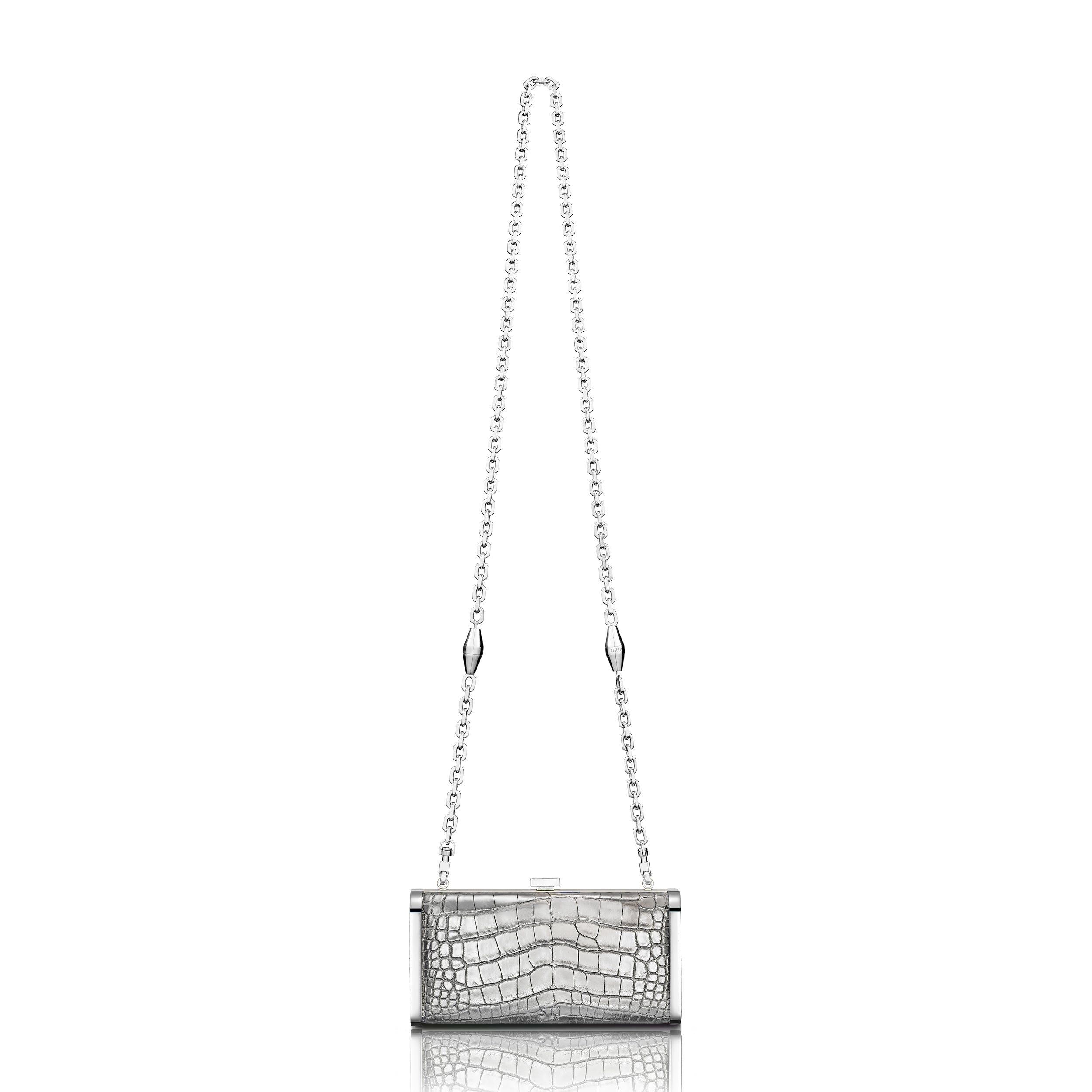 STALVEY Square Clutch in Titanium Alligator with Palladium Hardware Front View with Chain
