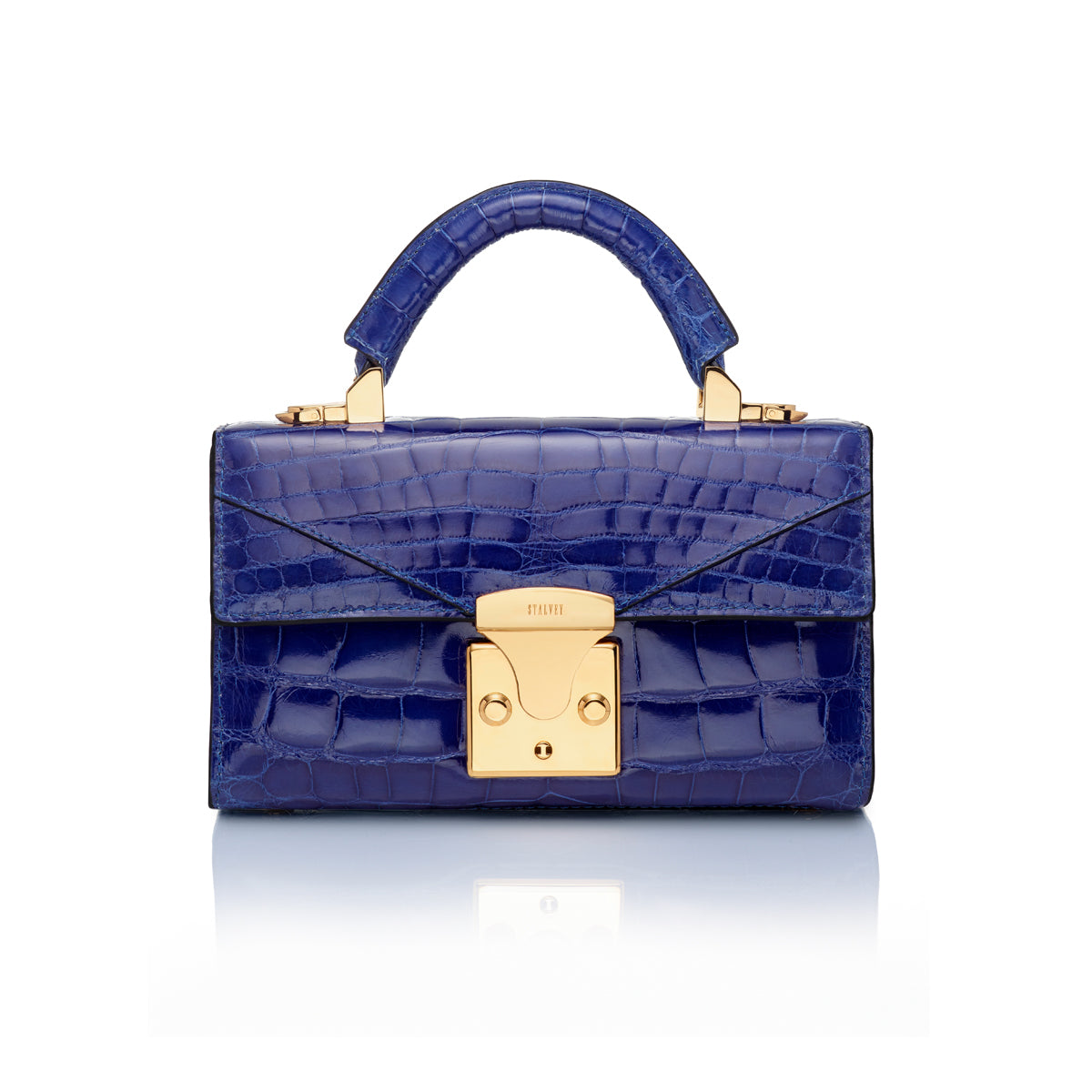 STALVEY Top Handle 2.0 Mini in Royal Blue Alligator with 24kt Gold Hardware Front View