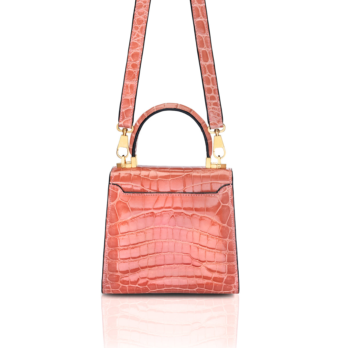 STALVEY Trapezoid 1.55 Mini in Coral Alligator with 24kt Gold Hardware Front View