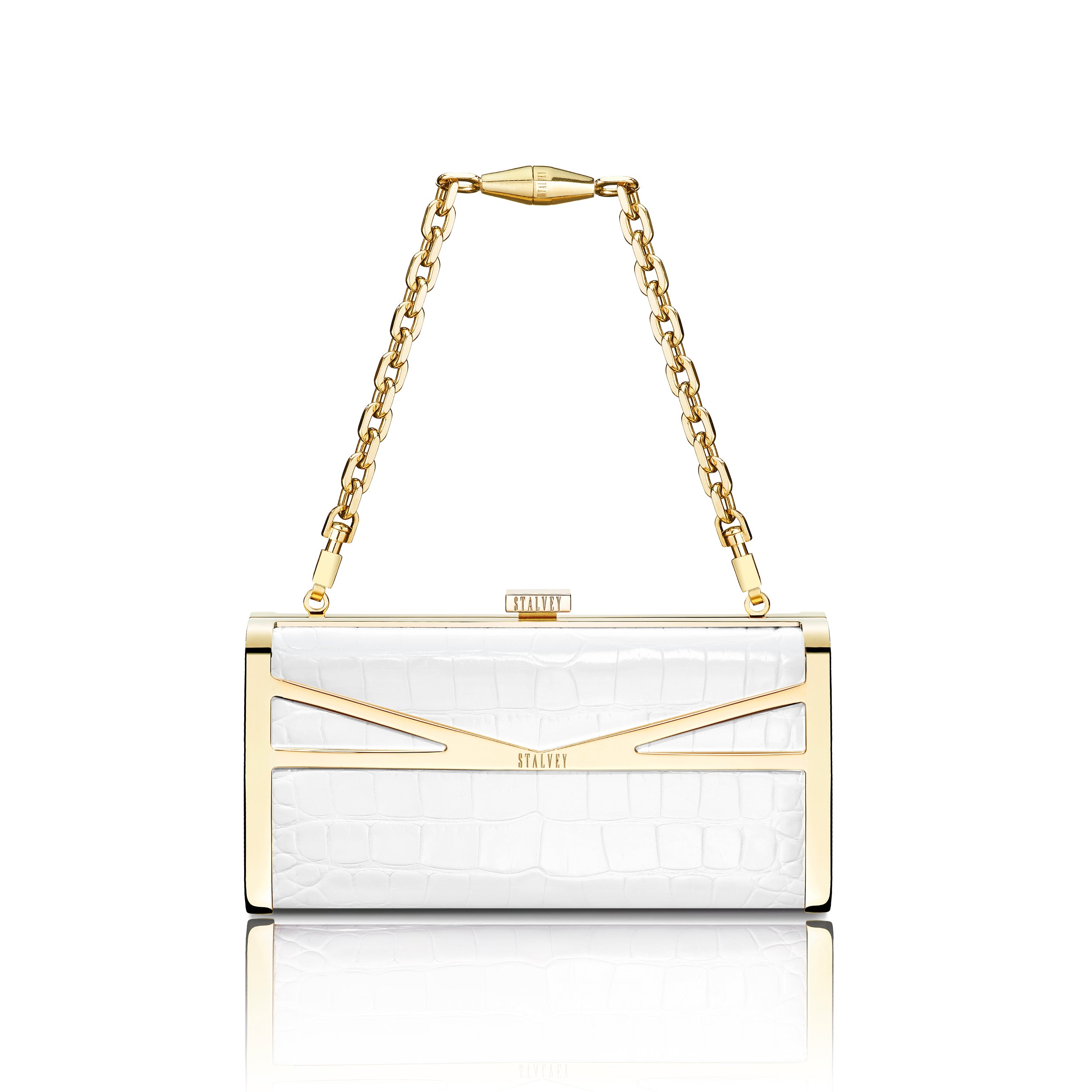 STALVEY Square Clutch in White Alligator with 24kt Gold Hardware Front View with Chain