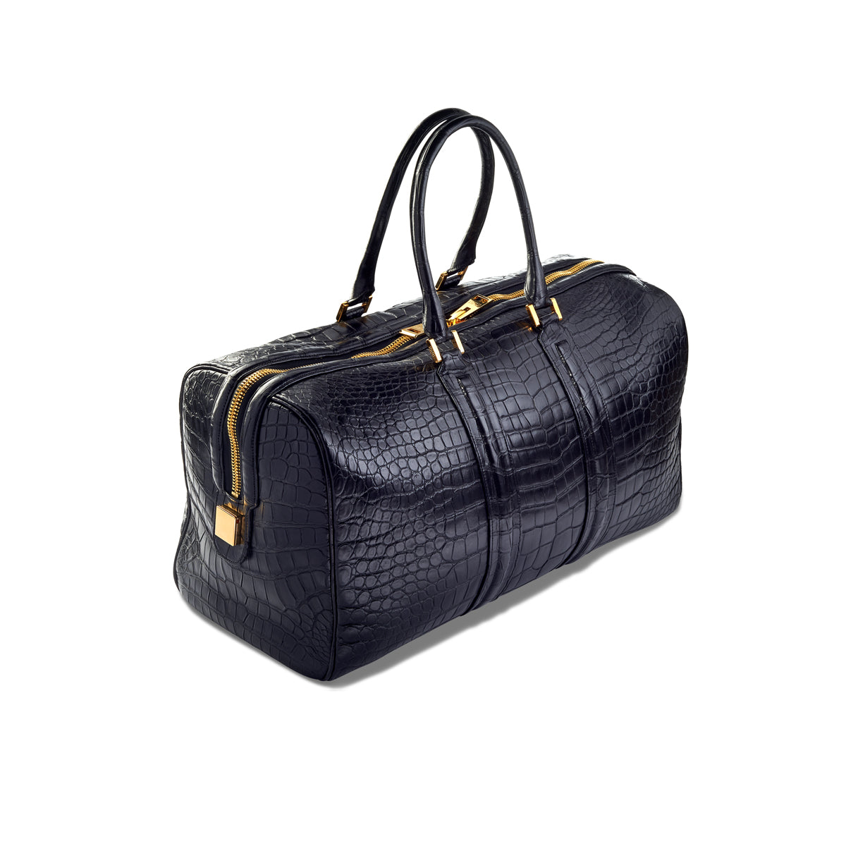 STALVEY Wong Duffel in Black Alligator with 24kt Gold Hardware Side View