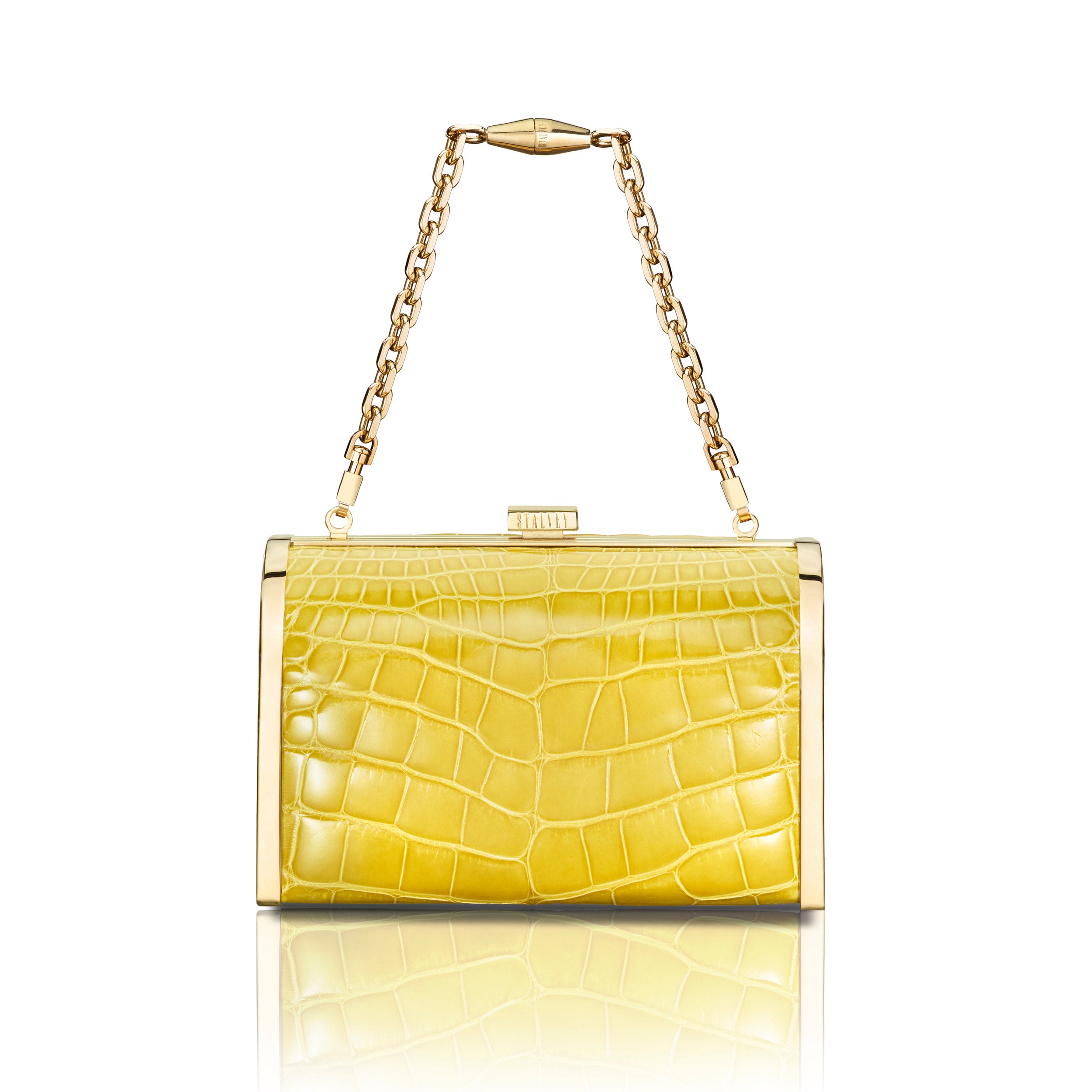 STALVEY Rounded Clutch in Yellow Alligator with 24kt Gold Hardware Front View with Chain