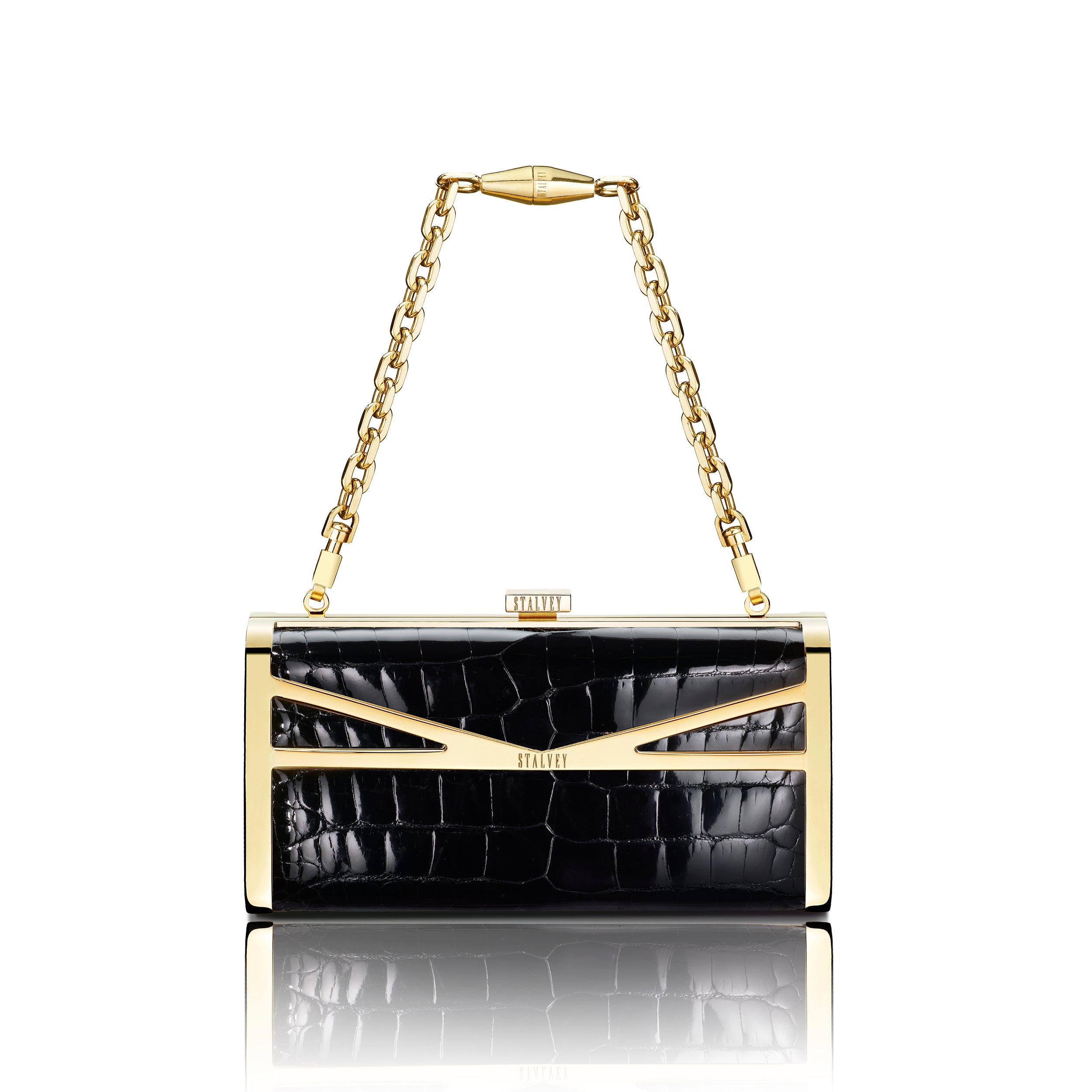 STALVEY Square Clutch in Black Alligator with 24kt Gold Hardware Front View with Chain