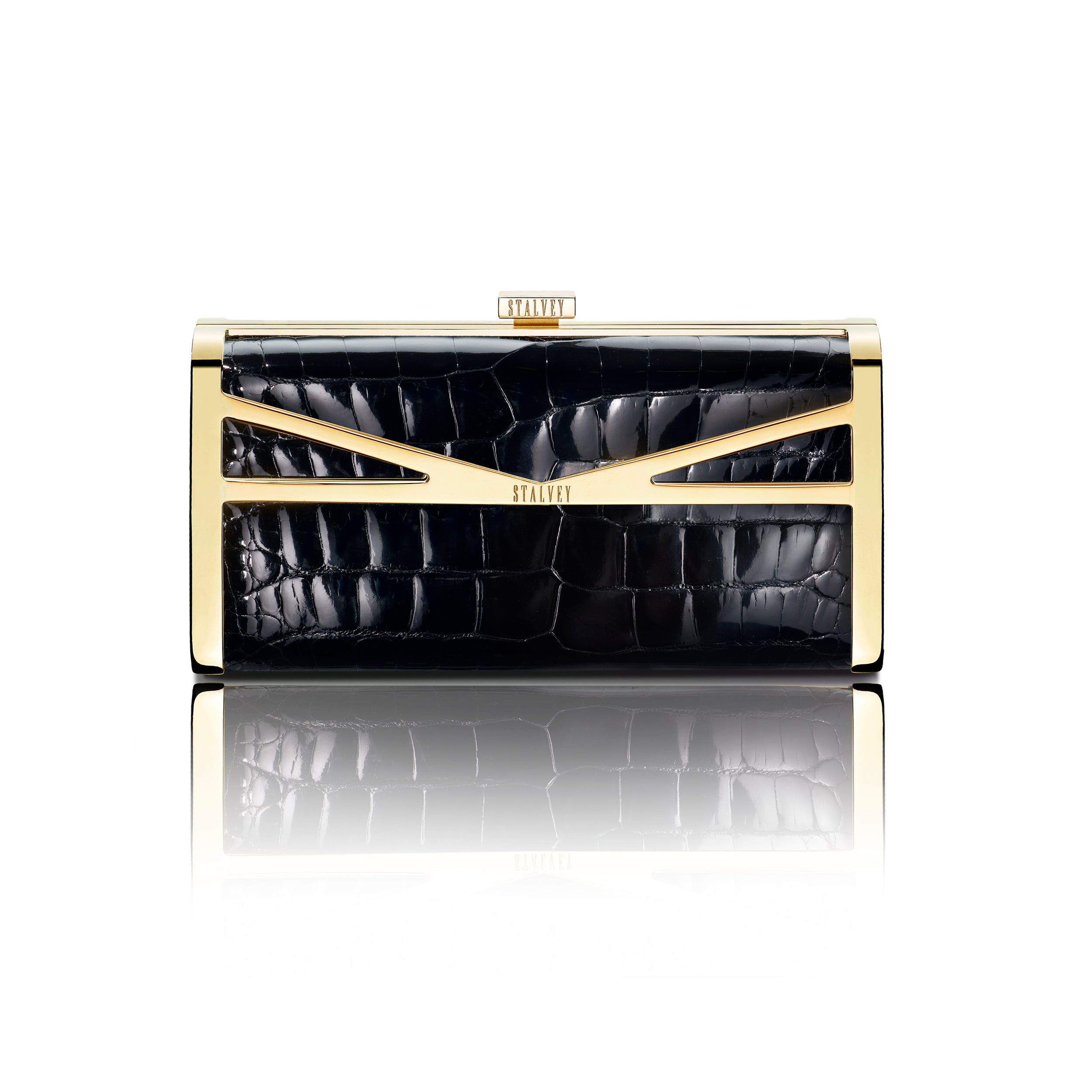STALVEY Square Clutch in Black Alligator with 24kt Gold Hardware Front View