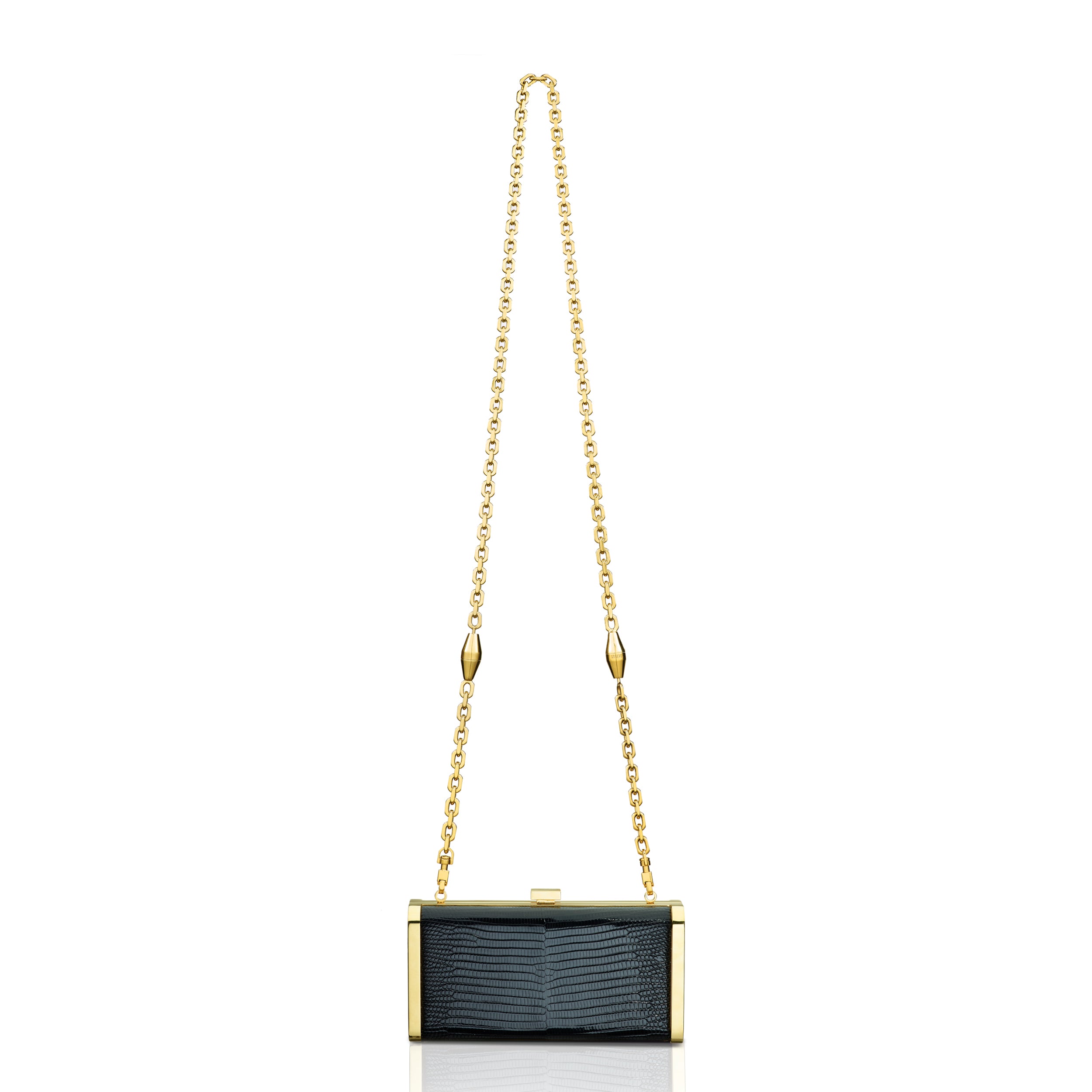 STALVEY Square Clutch in Black Lizard with 24kt Gold Hardware Back View with Chain