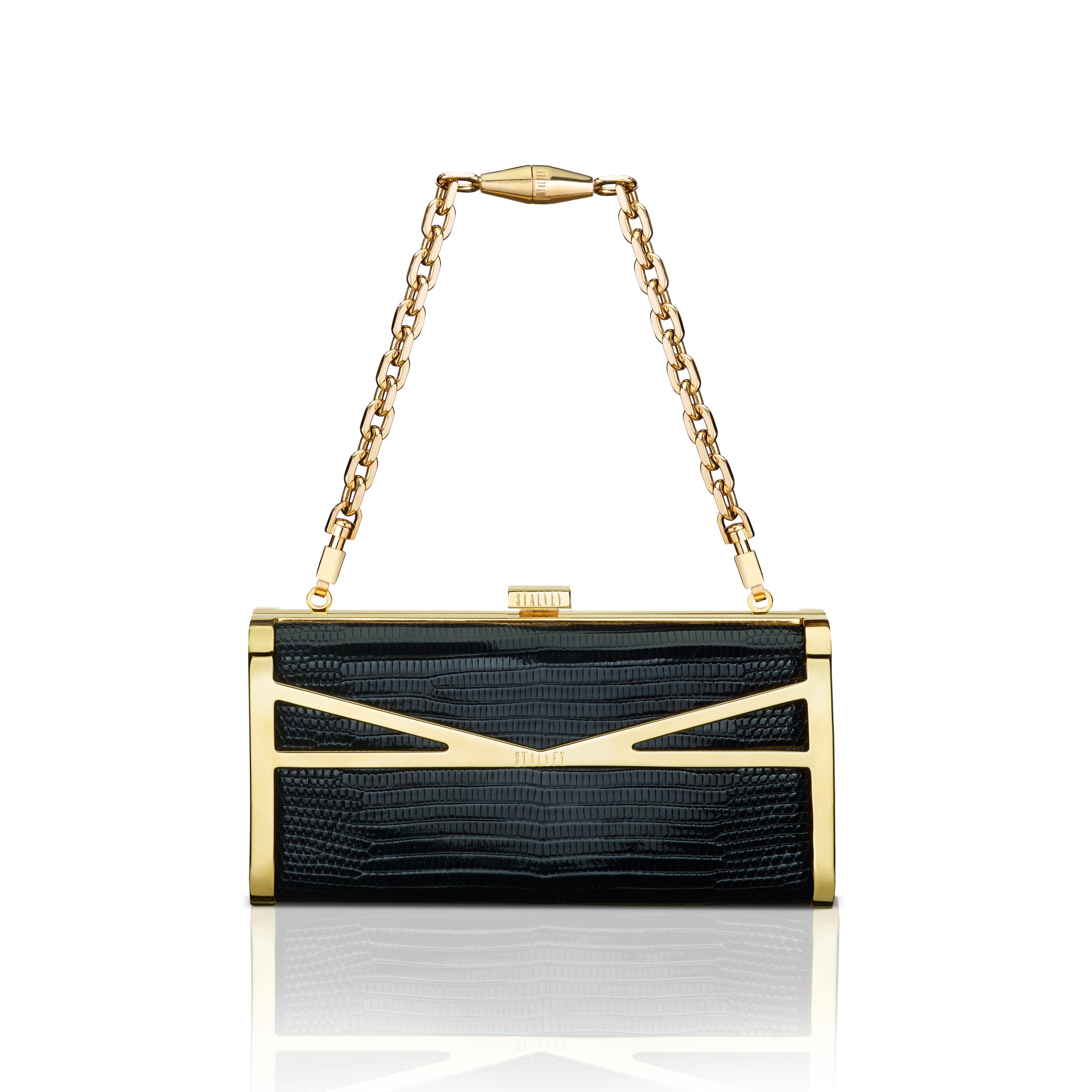 STALVEY Square Clutch in Black Lizard with 24kt Gold Hardware Front View with Chain