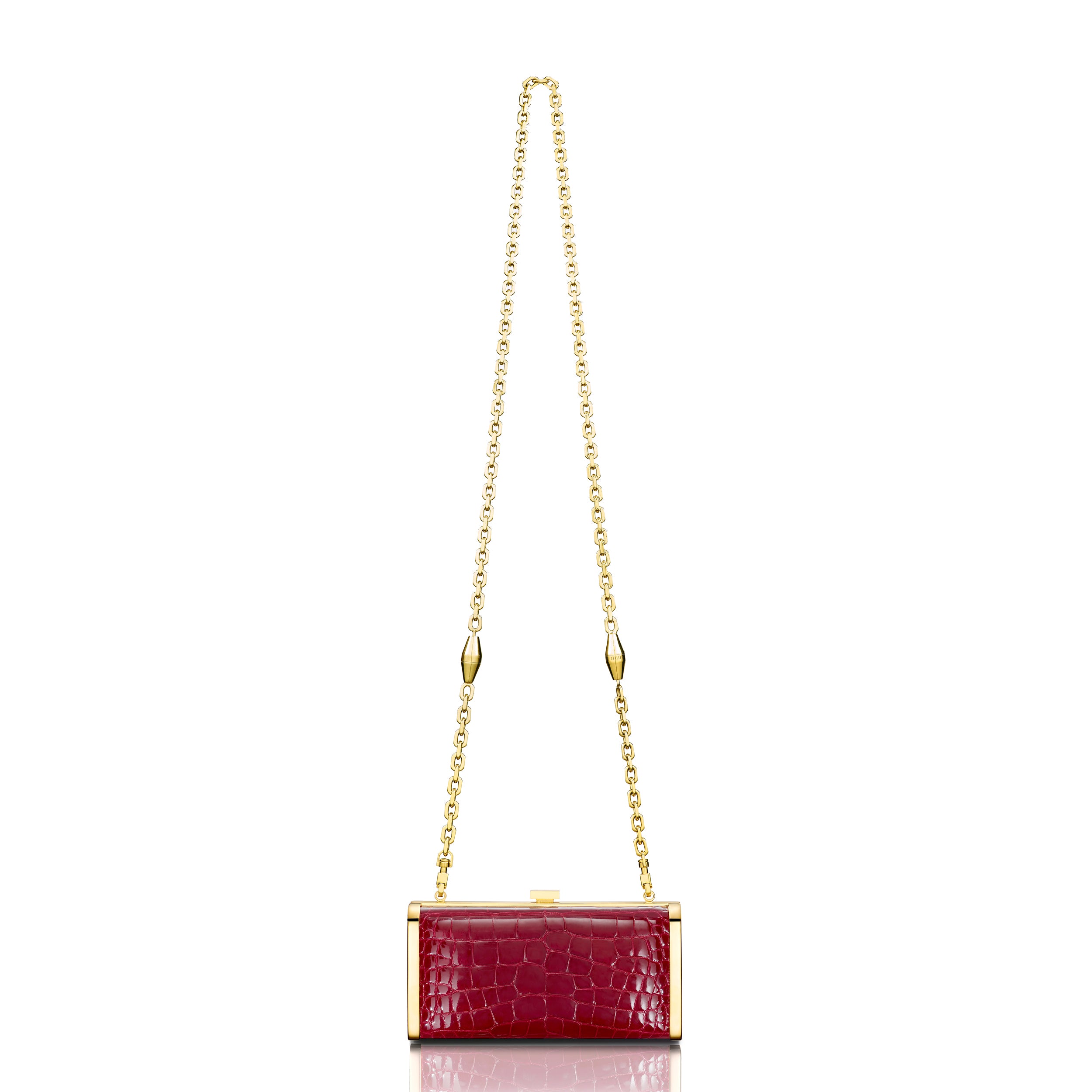 STALVEY Square Clutch in Burgundy Alligator with 24kt Gold Hardware Back View with Chain