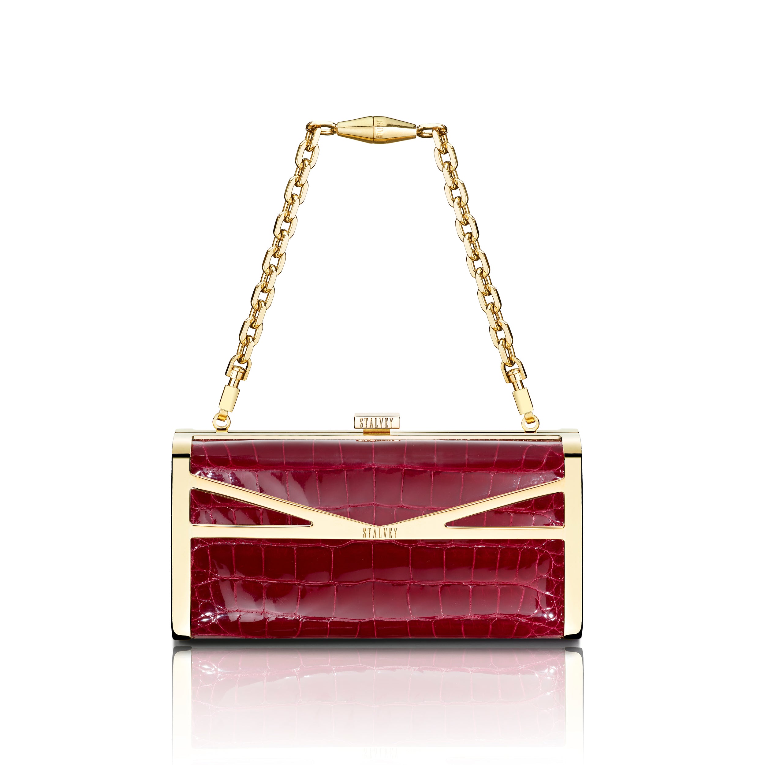 STALVEY Square Clutch in Burgundy Alligator with 24kt Gold Hardware Front View with Chain
