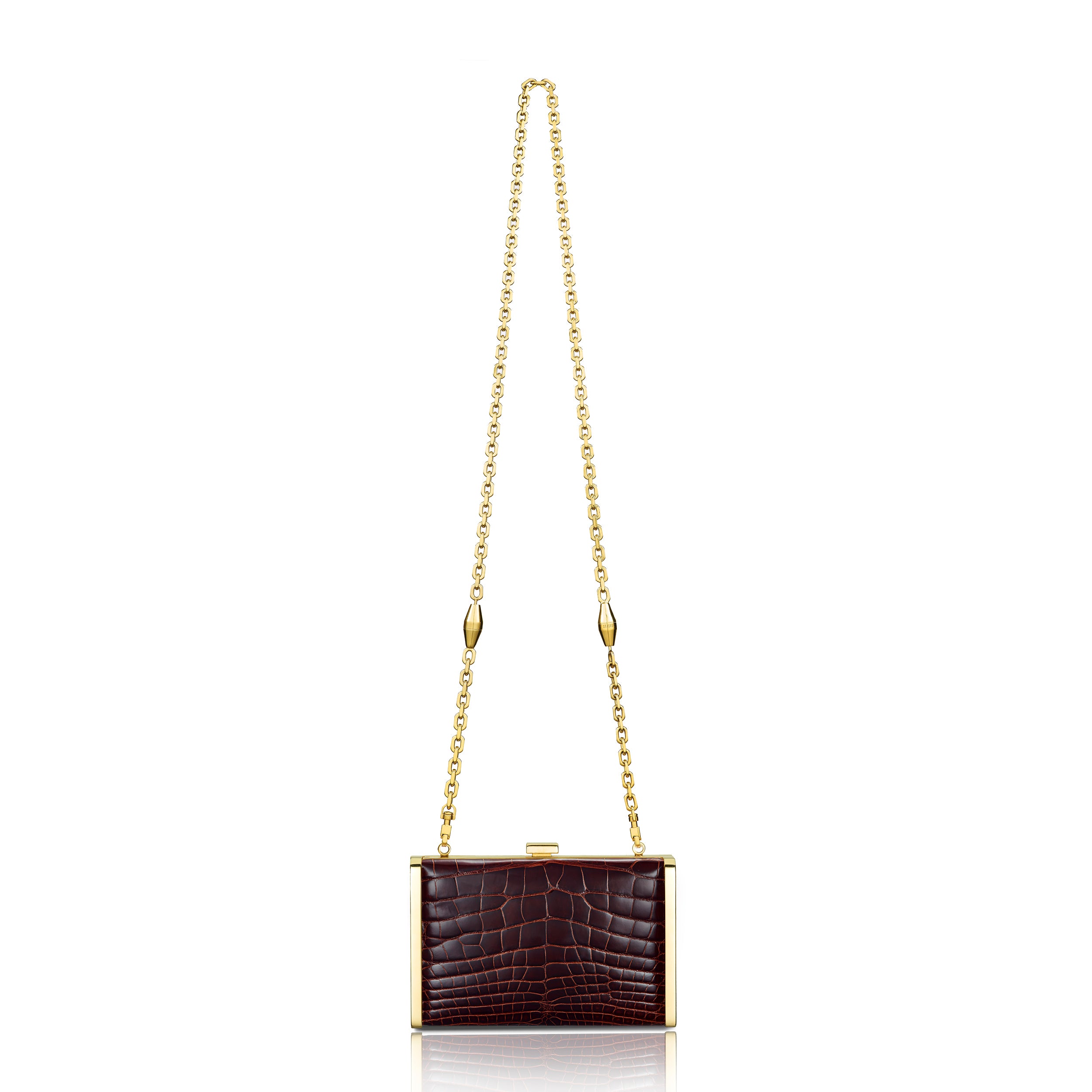 STALVEY Rounded Clutch in Burgundy Alligator with 24kt Gold Hardware Back View with Chain