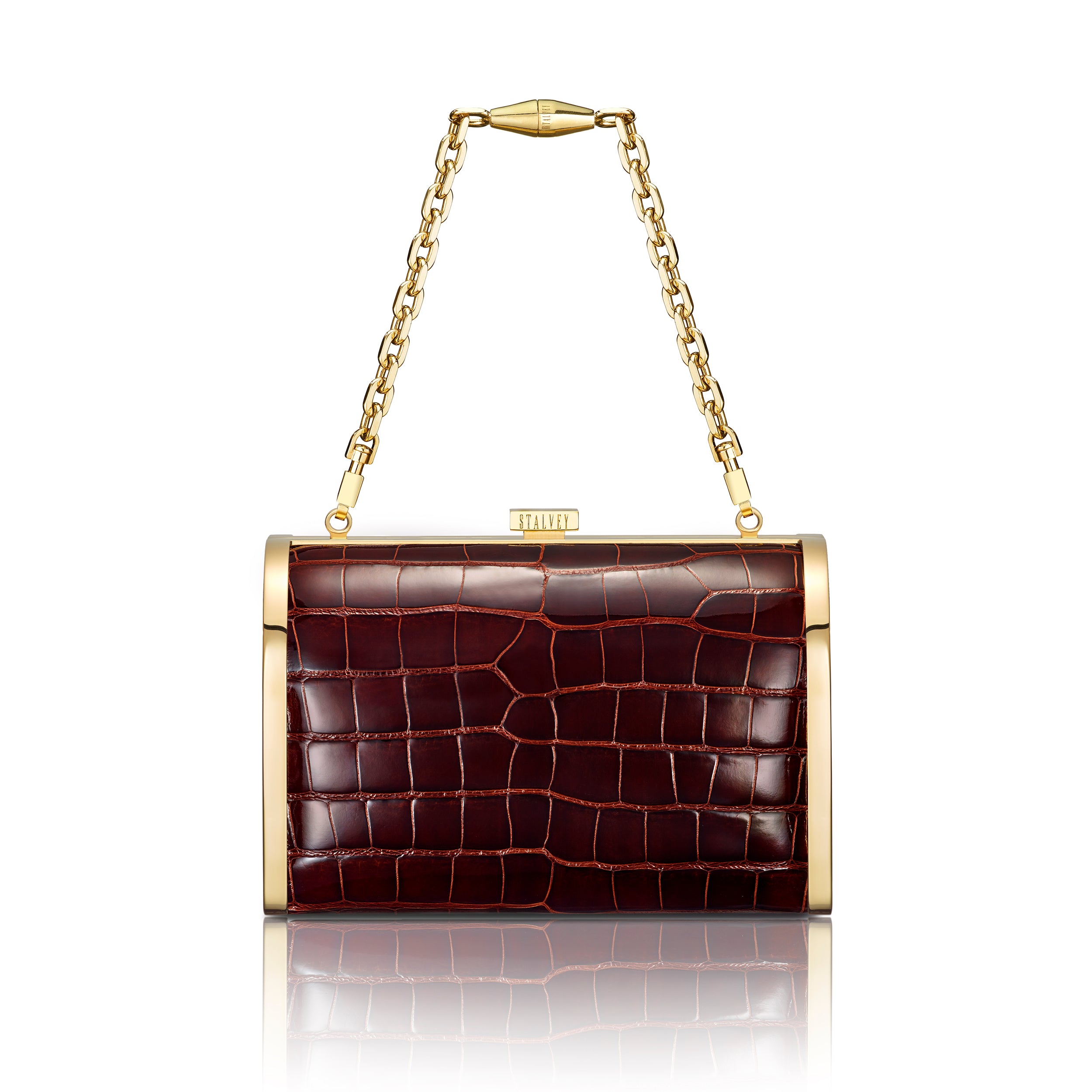 STALVEY Rounded Clutch in Burgundy Alligator with 24kt Gold Hardware Front View with Chain