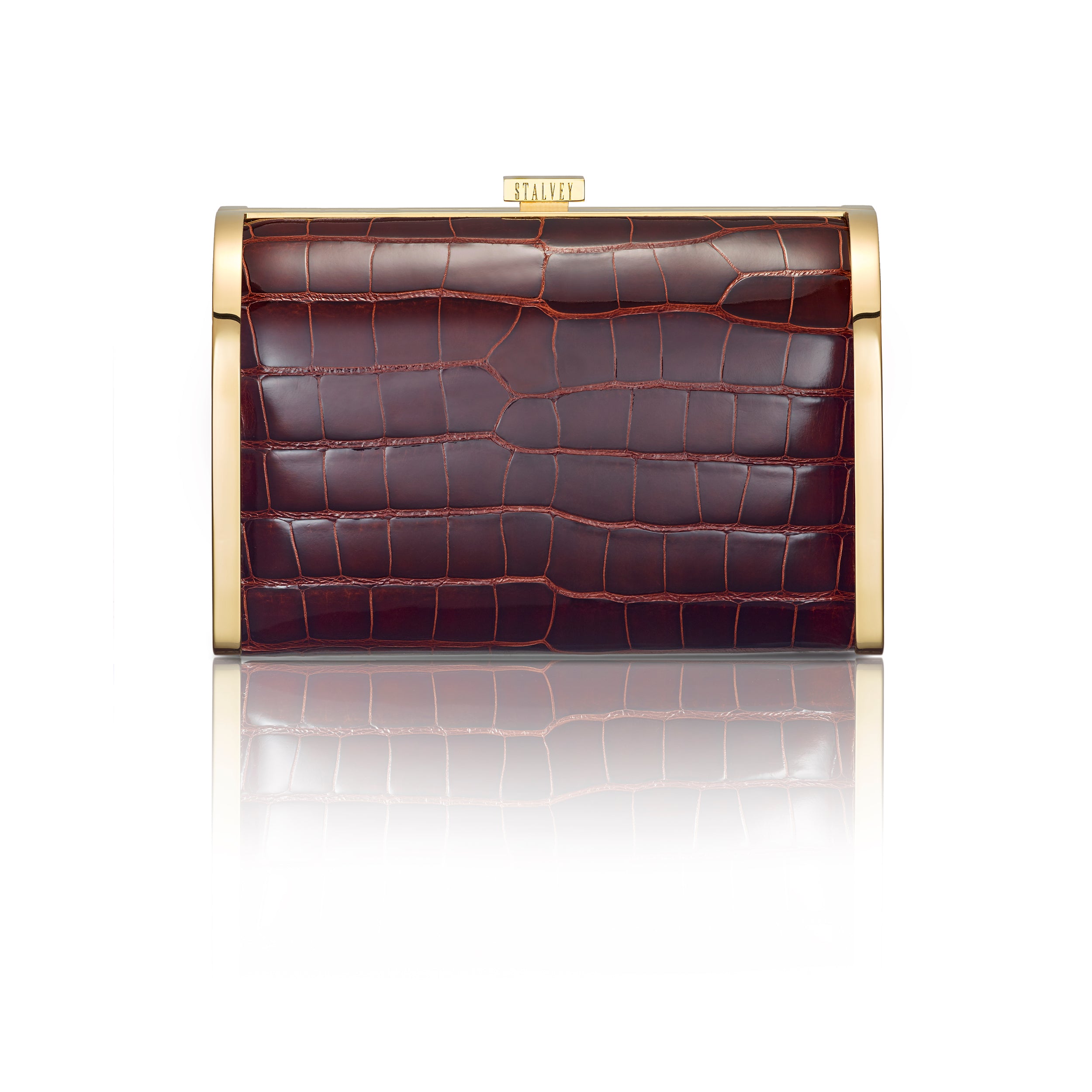 STALVEY Rounded Clutch in Burgundy Alligator with 24kt Gold Hardware Front View