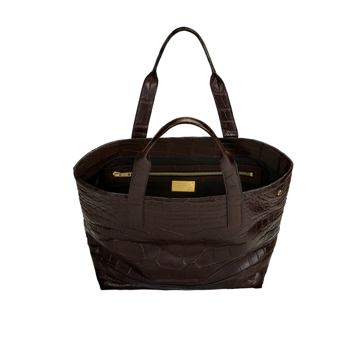 STALVEY Carreon Soft Open Tote in Brown Alligator Aerial View