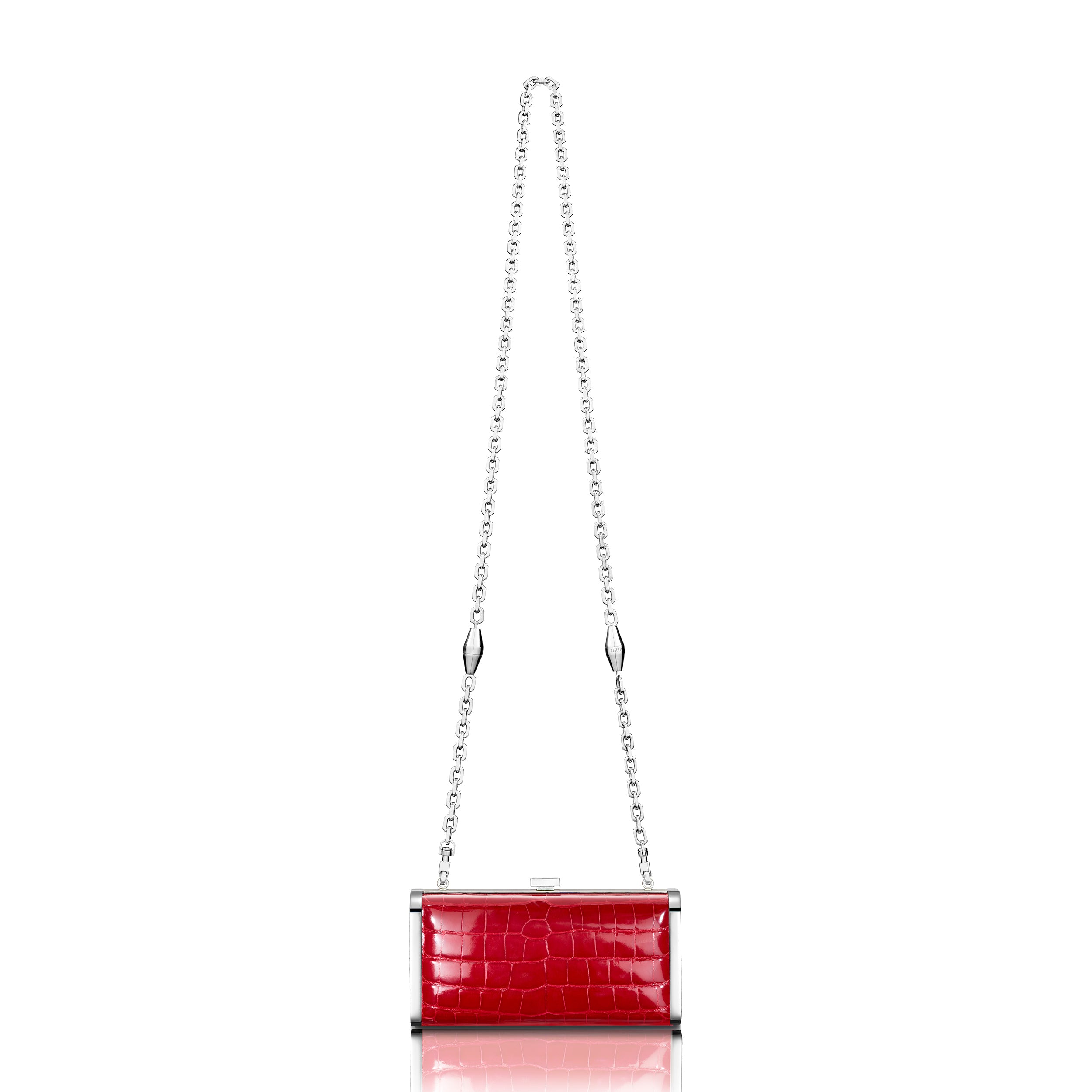STALVEY Square Clutch in Red Alligator with Palladium Hardware Back View with Chain