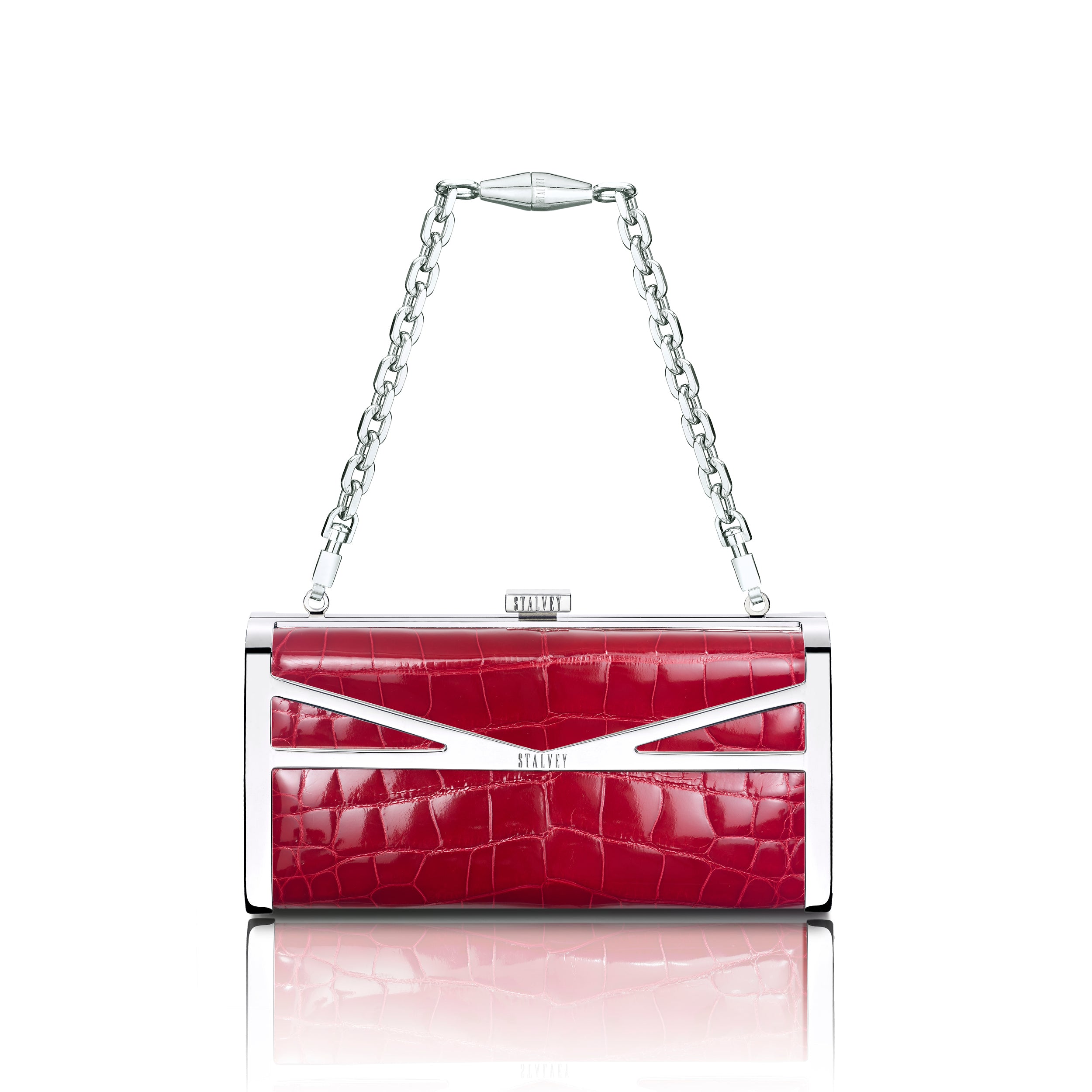STALVEY Square Clutch in Red Alligator with Palladium Hardware Front View with Chain