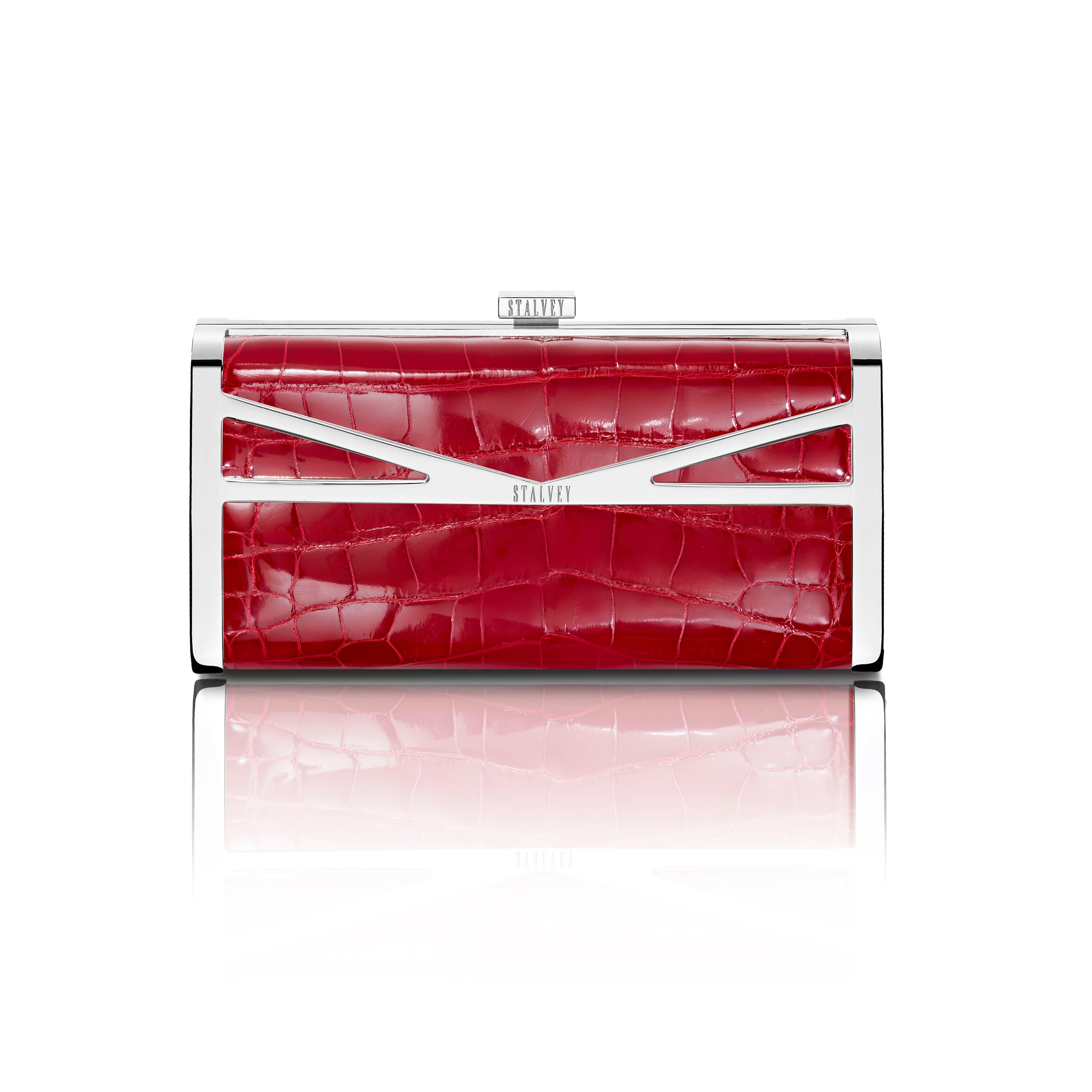 STALVEY Square Clutch in Red Alligator with Palladium Hardware Front View