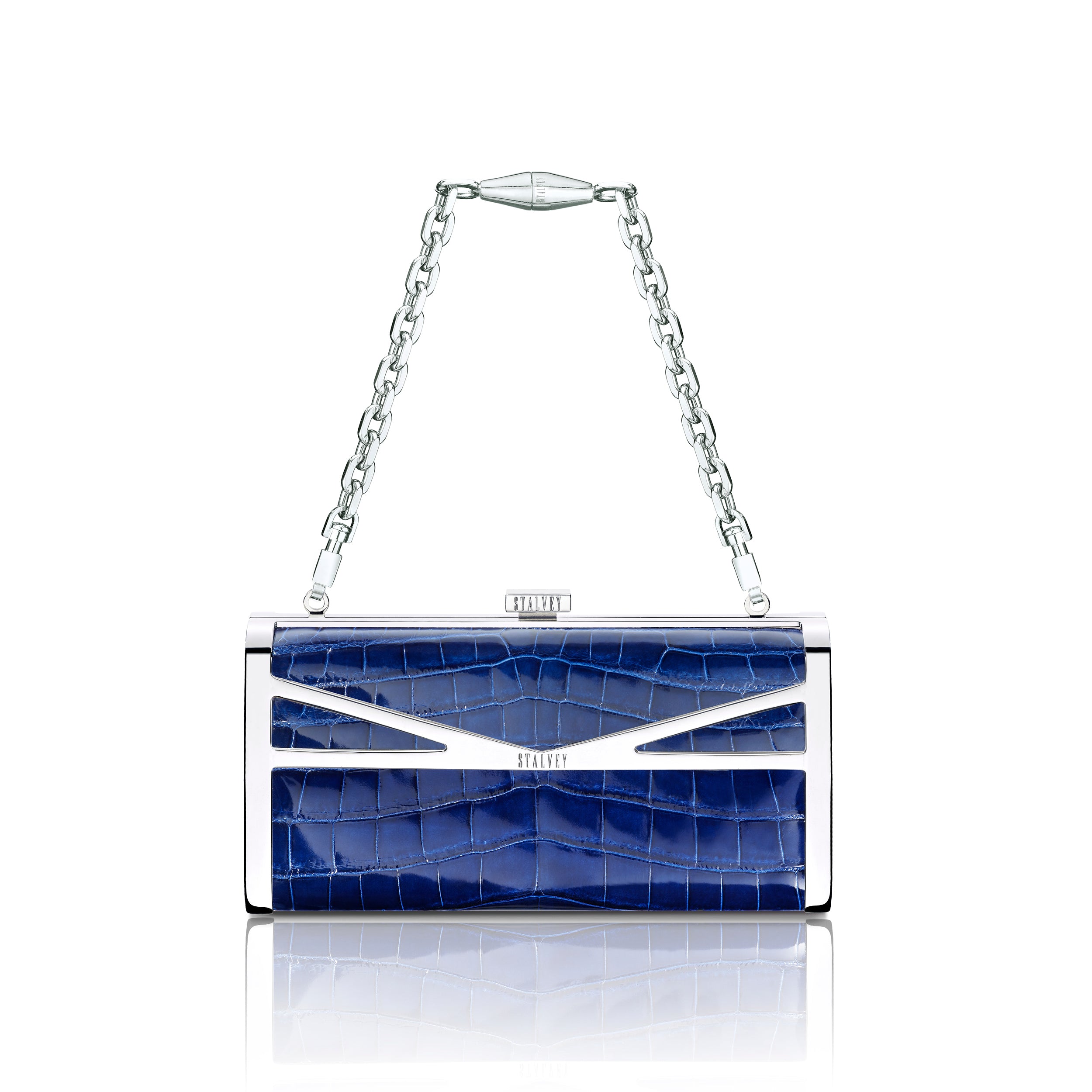 STALVEY Square Clutch in Cobalt Blue Alligator with Palladium Hardware Front View with Chain