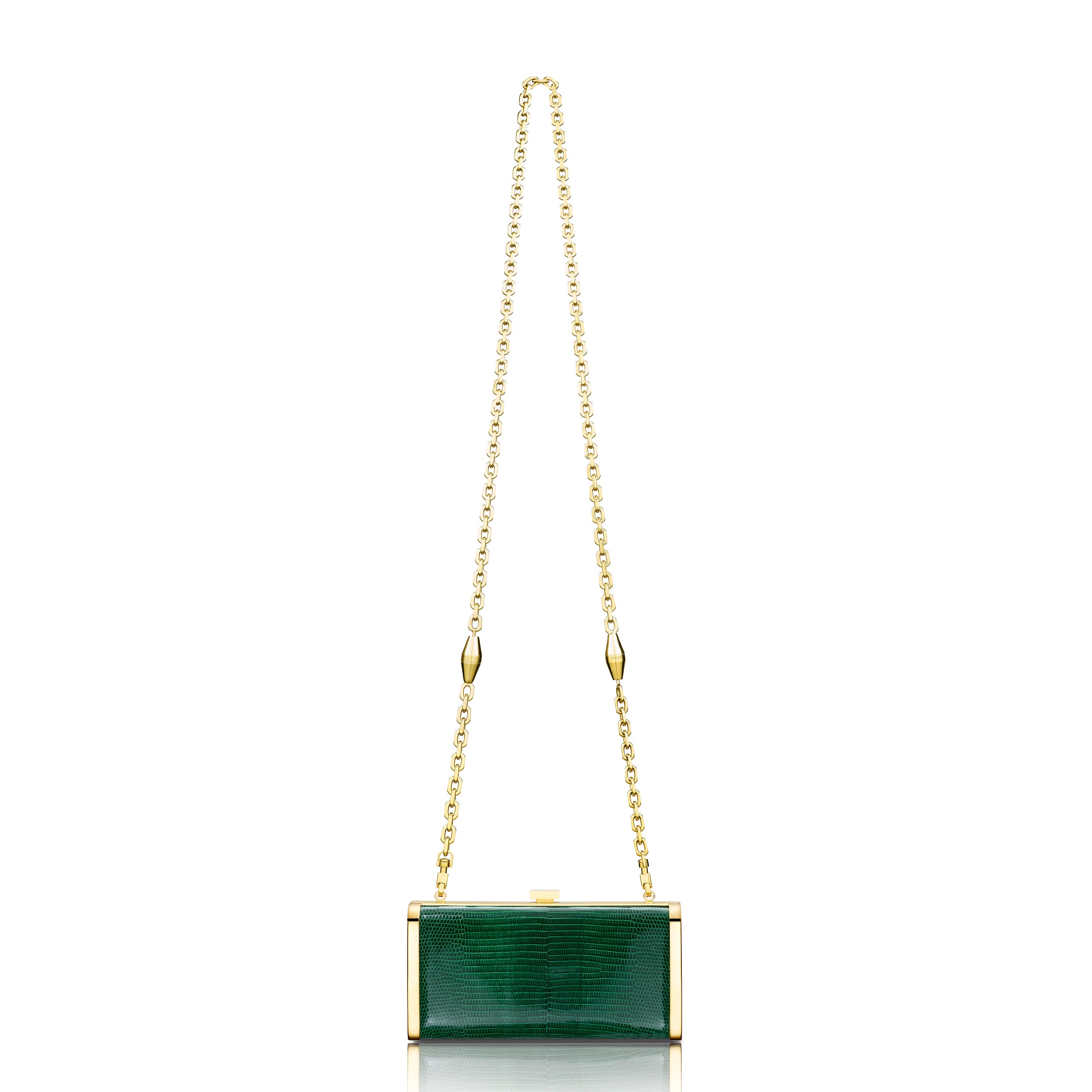 STALVEY Square Clutch in Emerald Lizard with 24kt Gold Hardware Back View with Chain