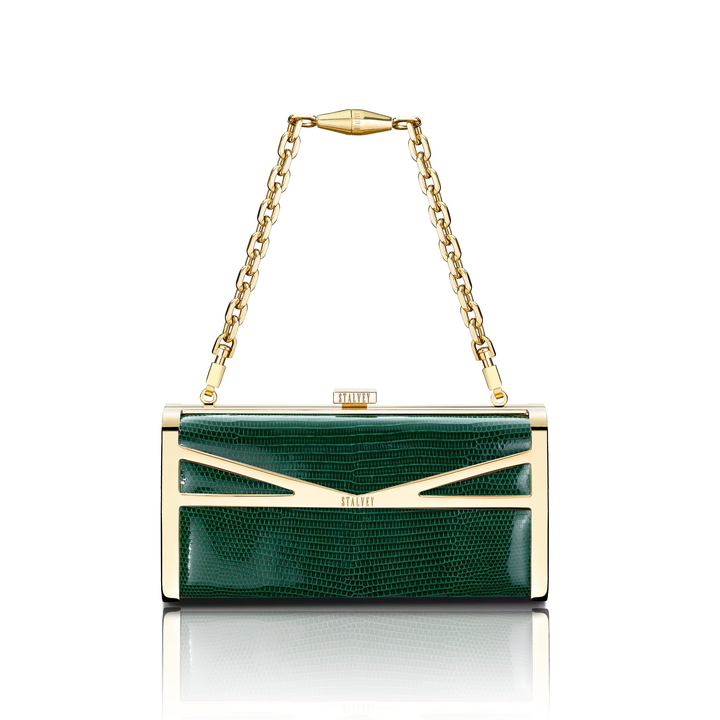 STALVEY Square Clutch in Emerald Lizard with 24kt Gold Hardware Front View with Chain
