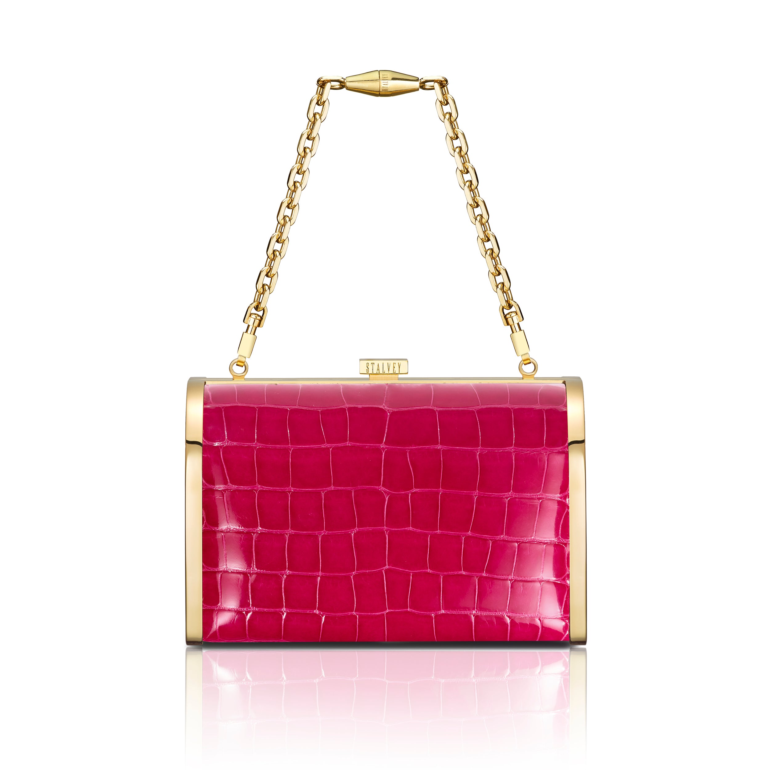 STALVEY Rounded Clutch in Hot Pink Alligator with 24kt Gold Hardware Front View with Chain