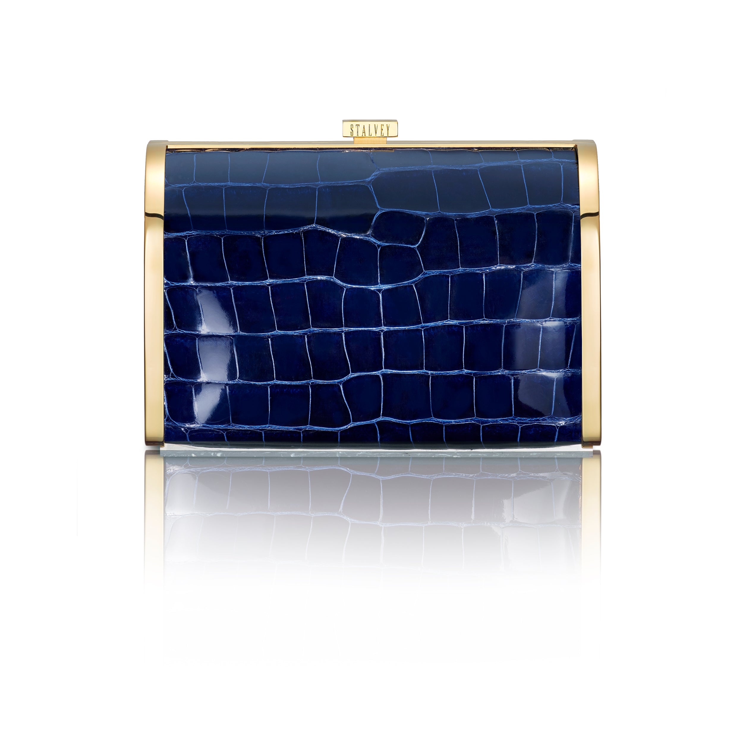 STALVEY Rounded Clutch in Marine Blue Alligator with 24kt Gold Hardware Front View