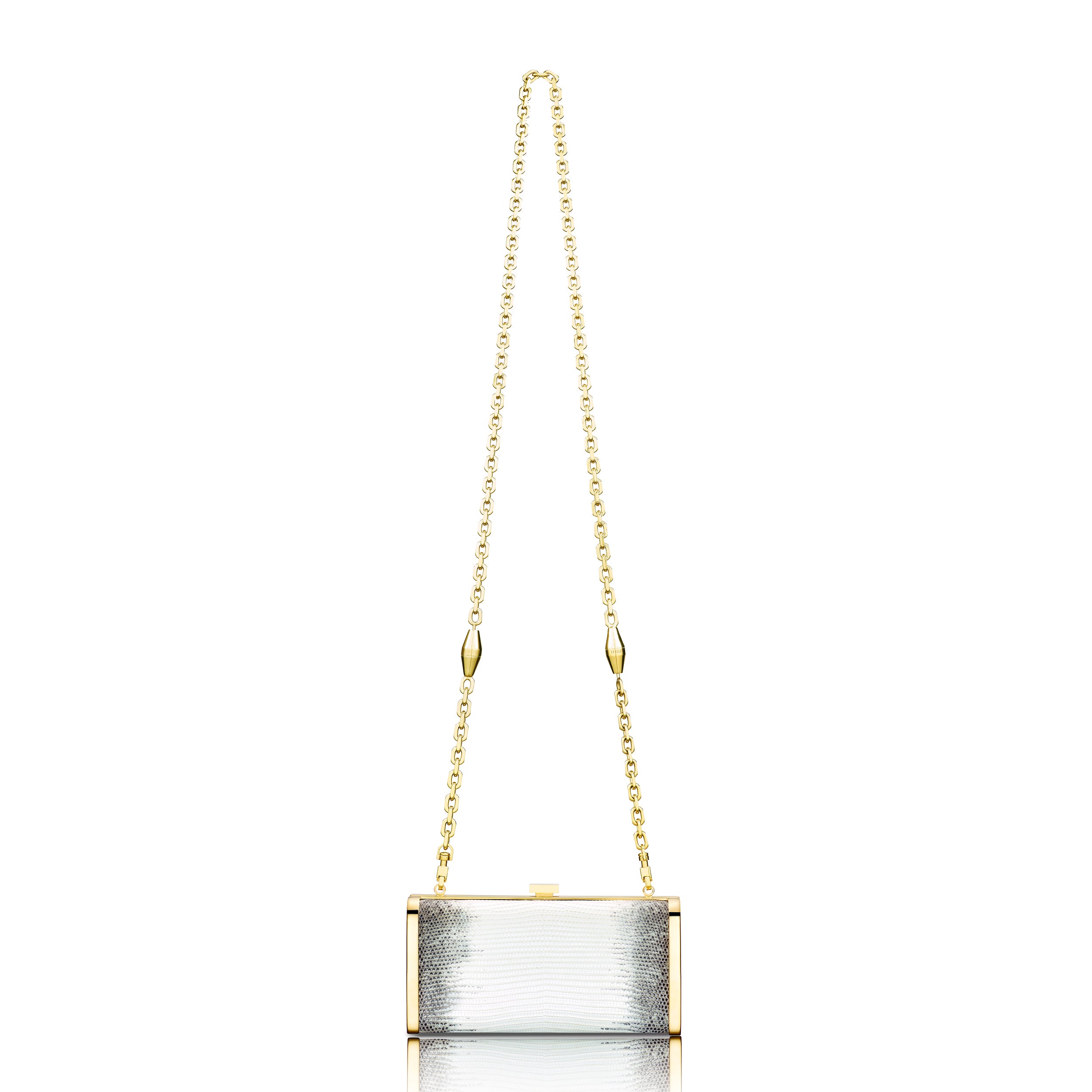 STALVEY Square Clutch in Natural Ring Lizard with 24kt Gold Hardware Front View with Chain