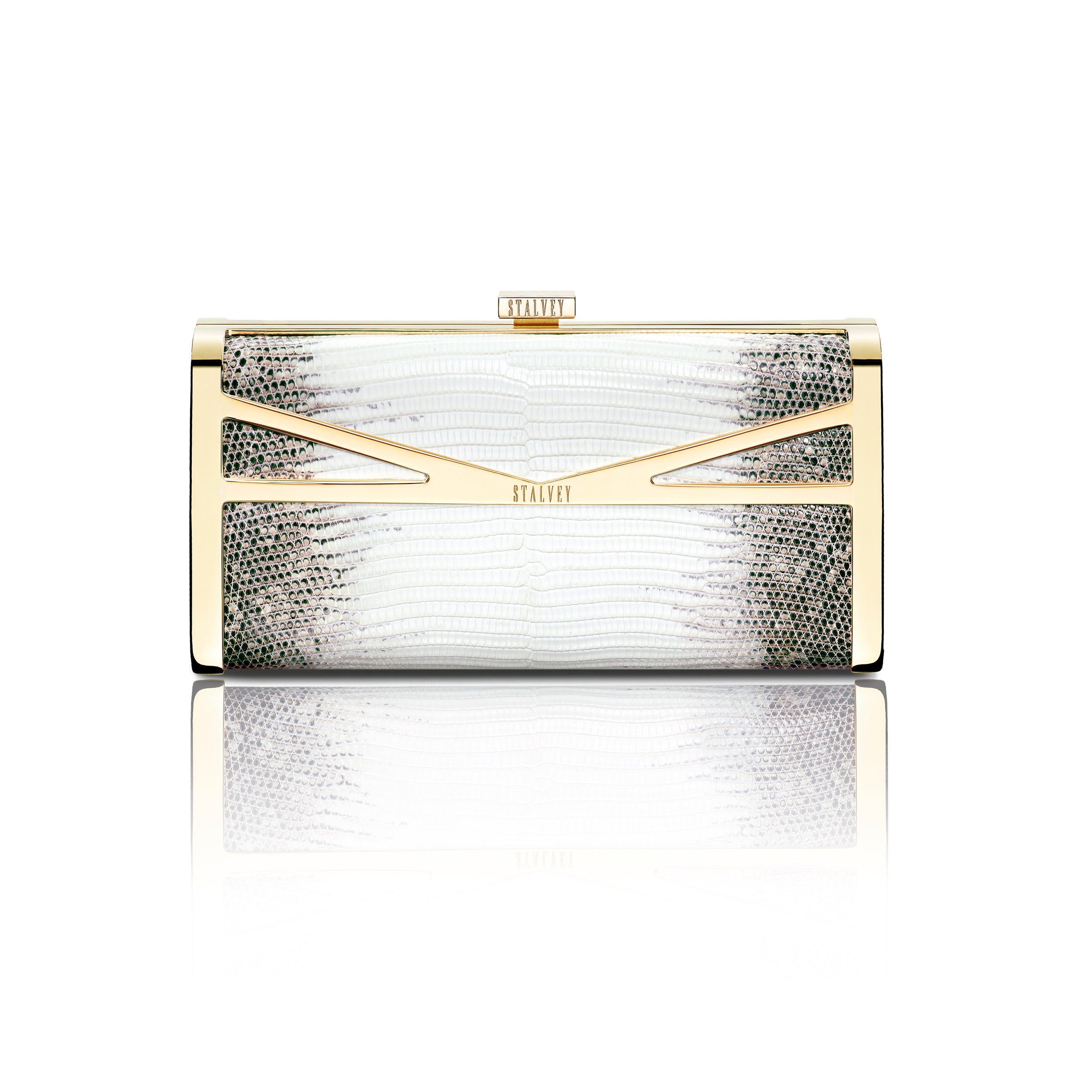 STALVEY Square Clutch in Natural Ring Lizard with 24kt Gold Hardware Front View