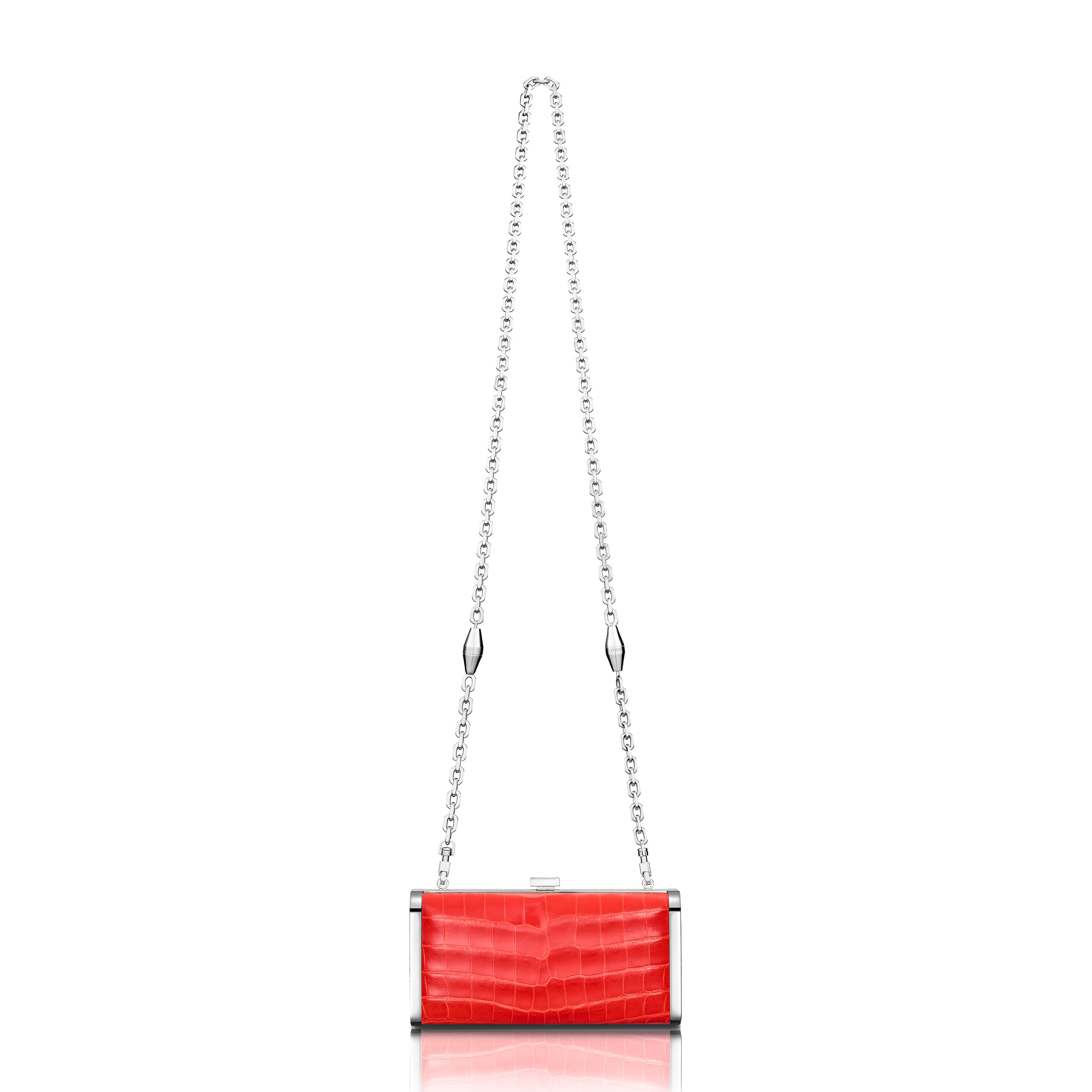 STALVEY Square Clutch in Neon Orange Alligator with Palladium Hardware Back View with Chain