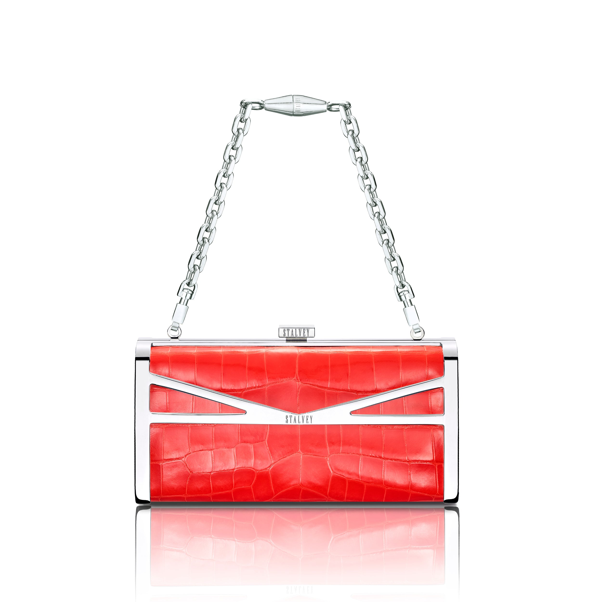STALVEY Square Clutch in Neon Orange Alligator with Palladium Hardware Front View with Chain