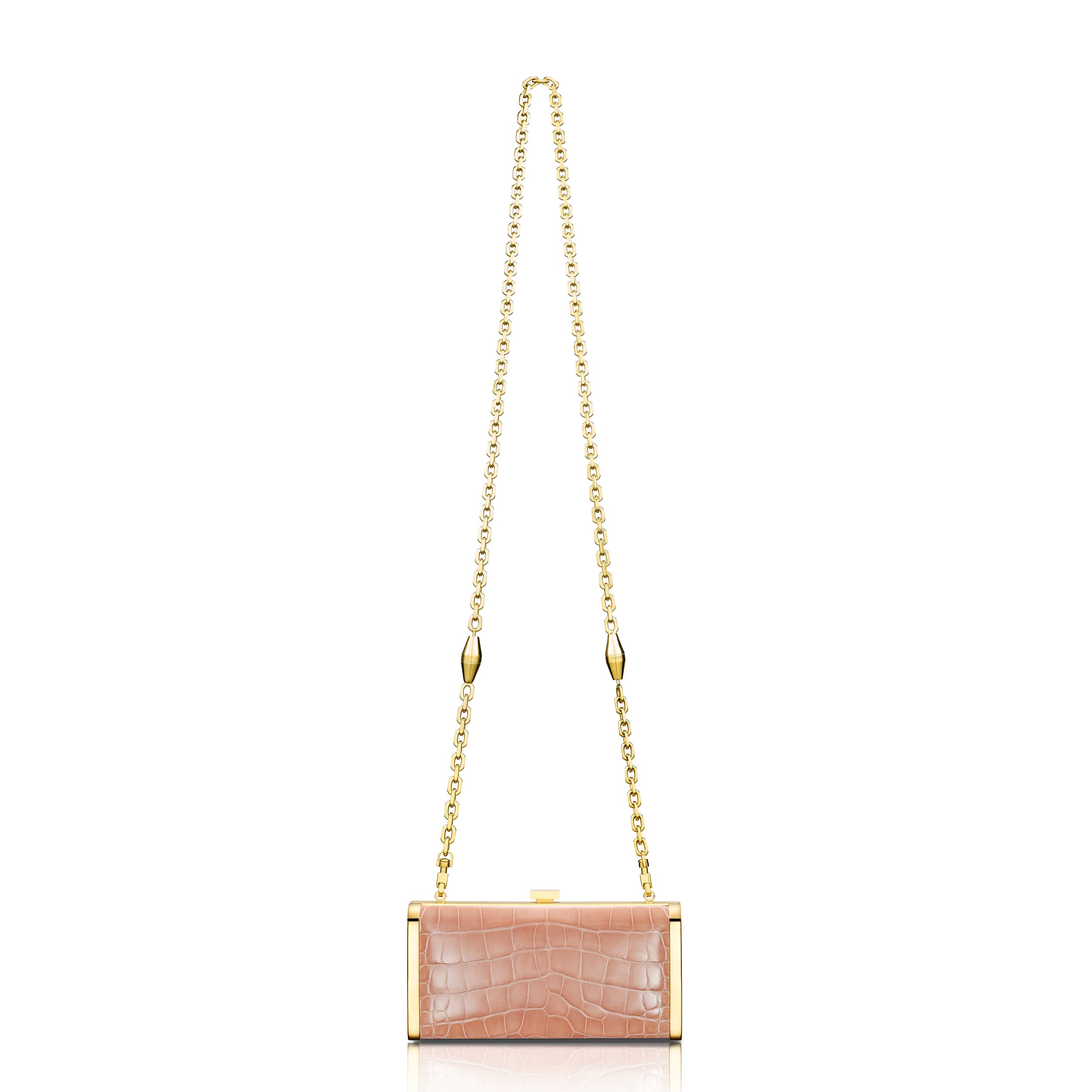 STALVEY Square Clutch in Powder Pink Alligator with 24kt Gold Hardware Front View with Chain