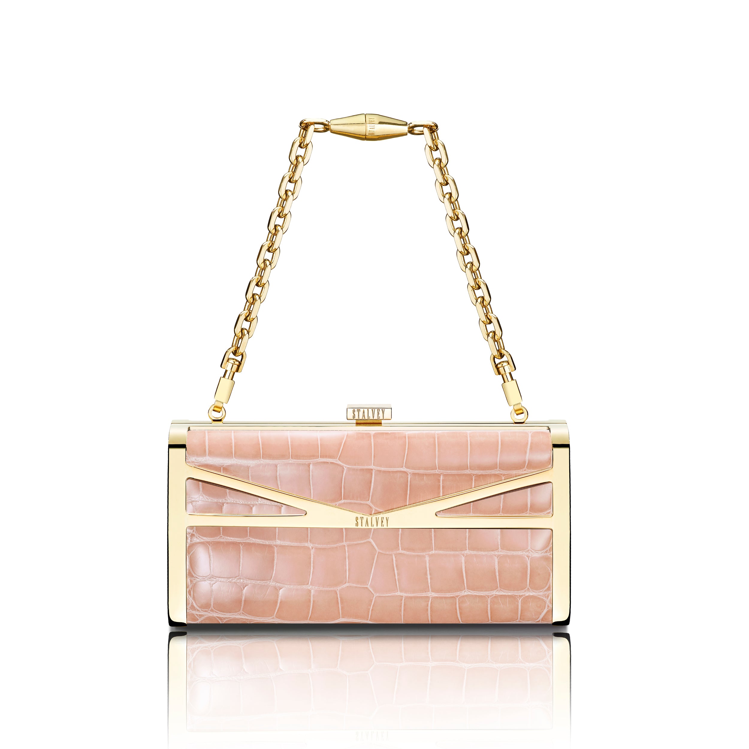 STALVEY Square Clutch in Powder Pink Alligator with 24kt Gold Hardware Front View with Chain