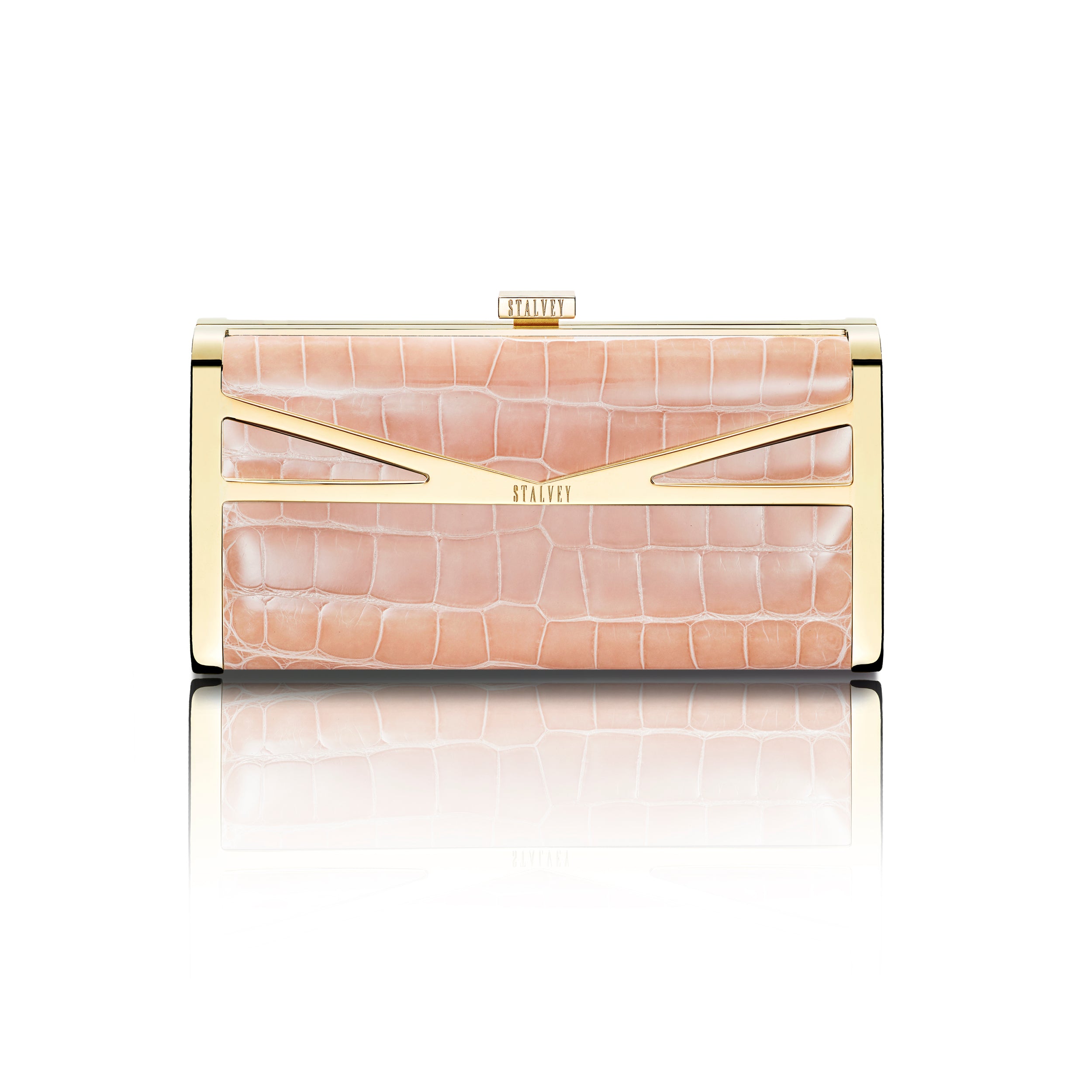 STALVEY Square Clutch in Powder Pink Alligator with 24kt Gold Hardware Front View