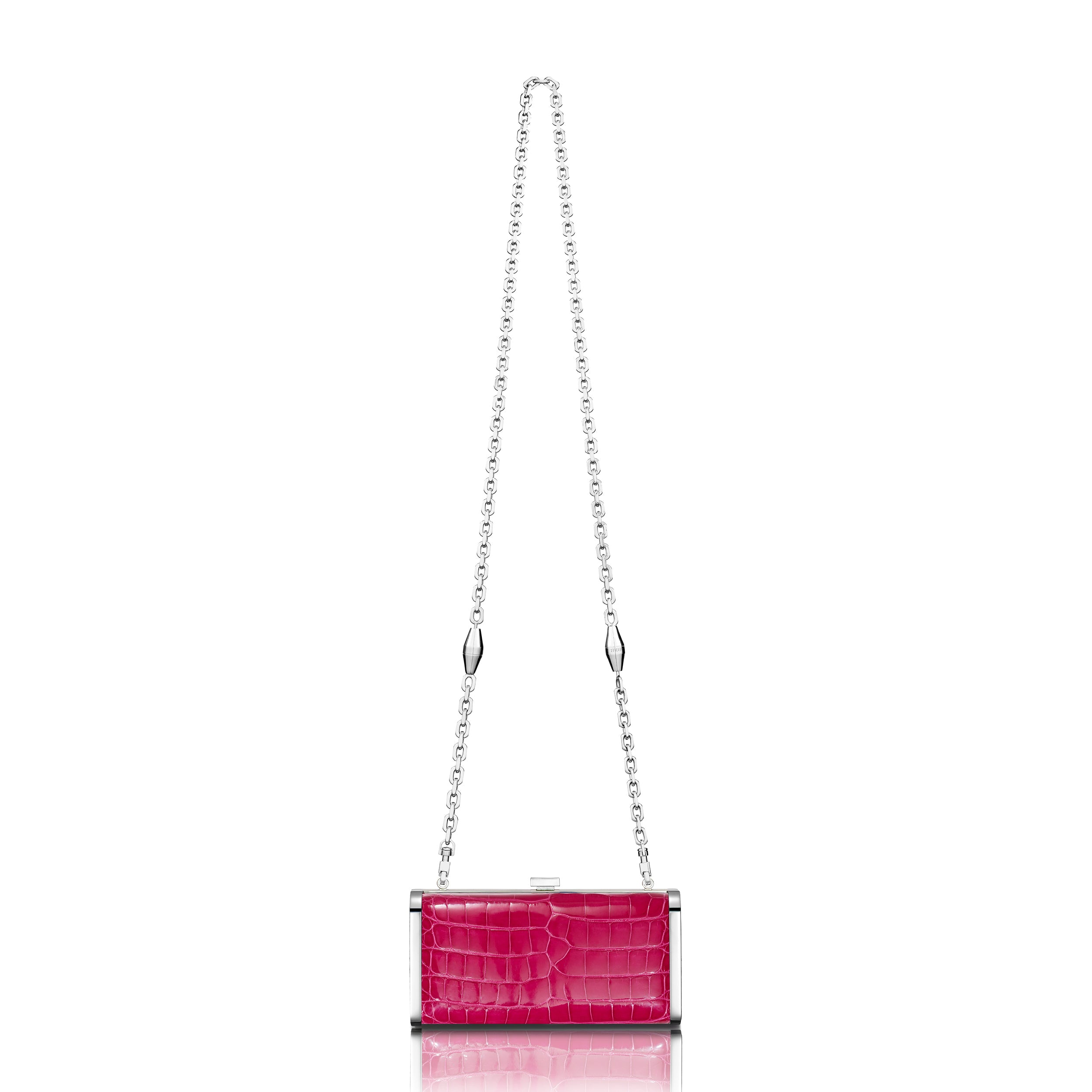 STALVEY Square Clutch in Punch Alligator with Palladium Hardware Back View with Chain