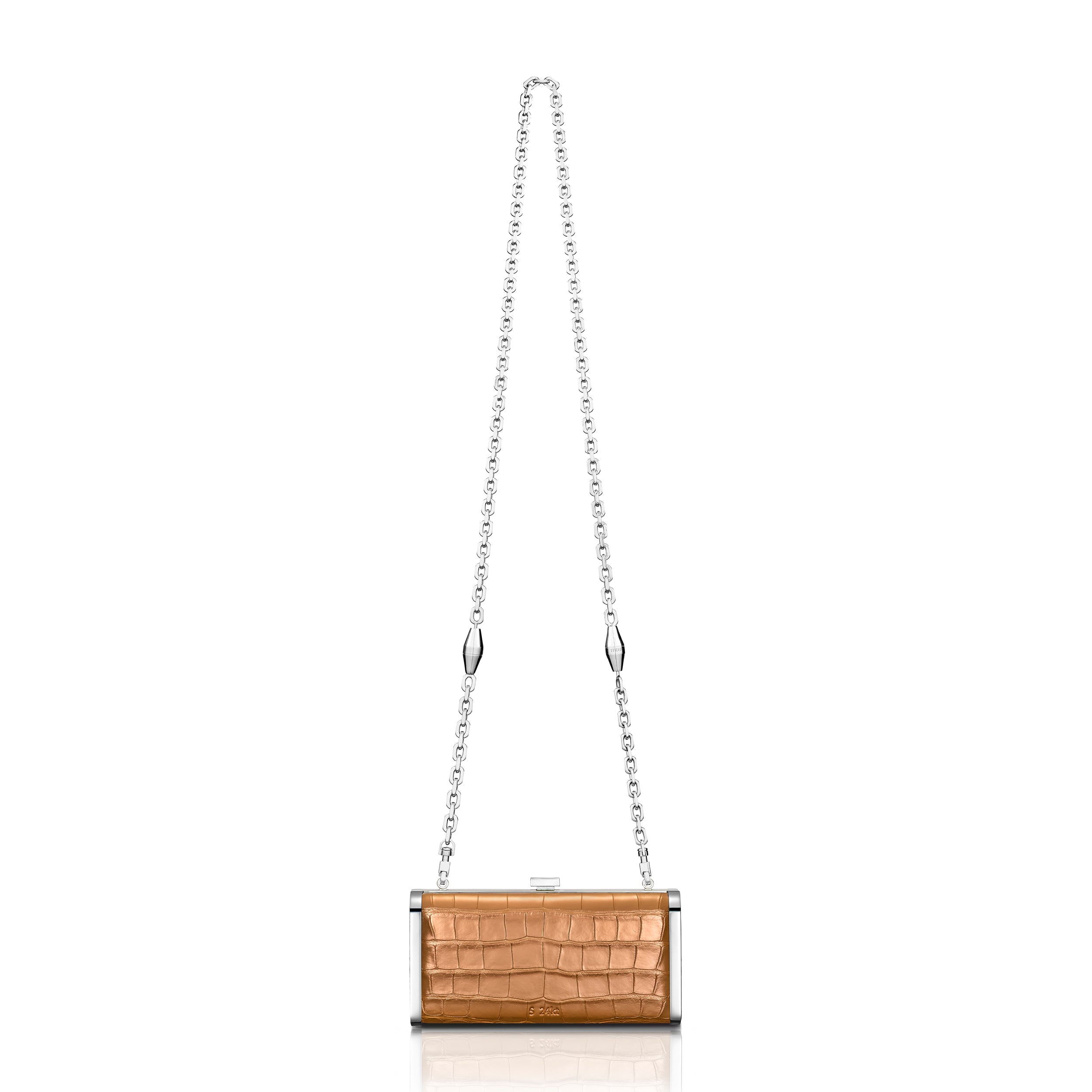 STALVEY Square Clutch in Rose Gold Alligator with Palladium Hardware Front View with Chain