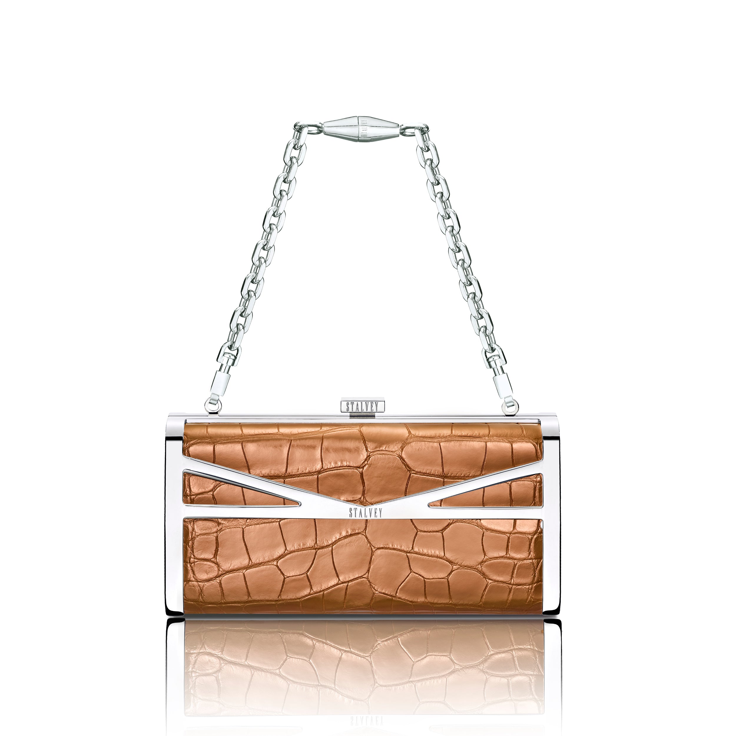 STALVEY Square Clutch in Rose Gold Alligator with Palladium Hardware Front View with Chain