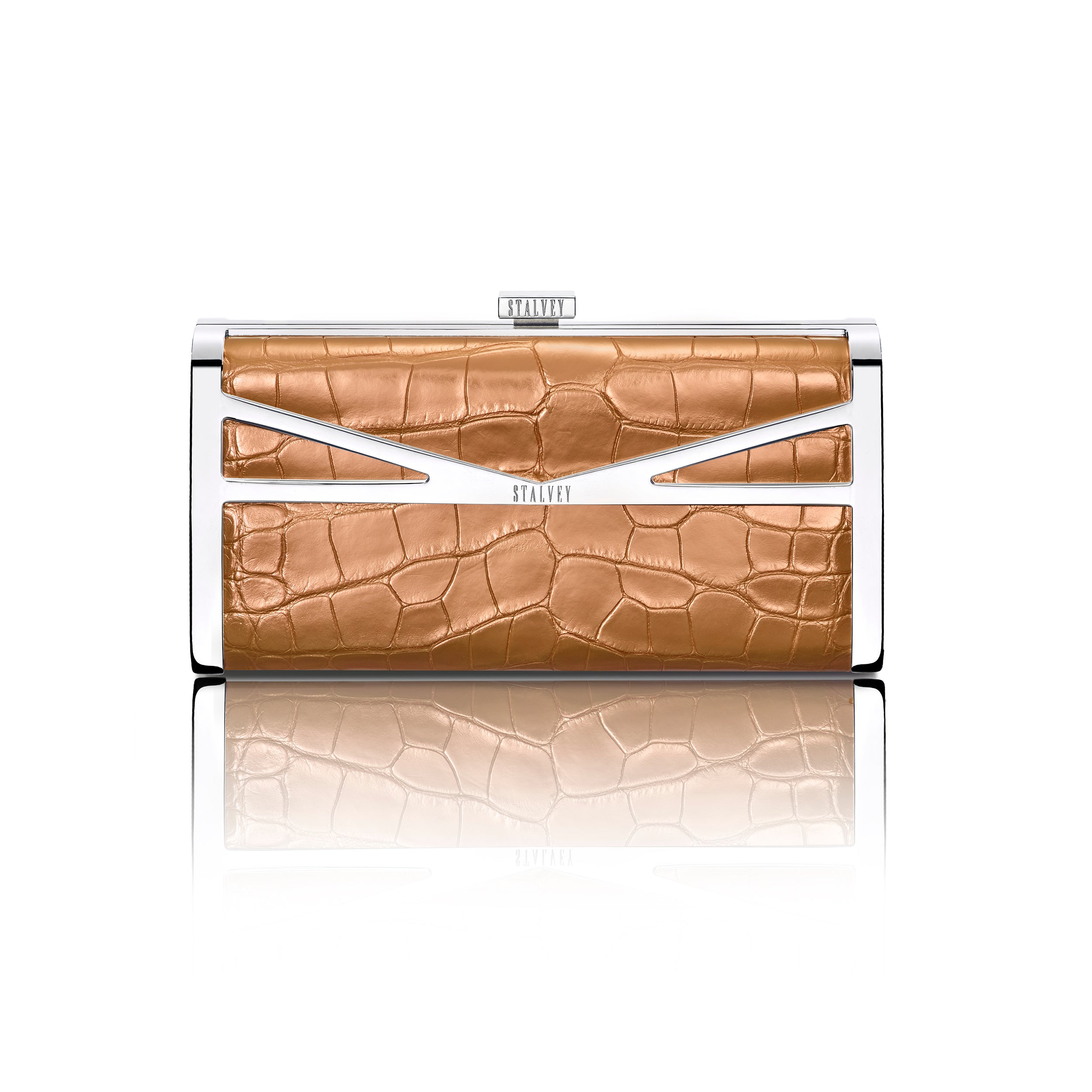 STALVEY Square Clutch in Rose Gold Alligator with Palladium Hardware Front View