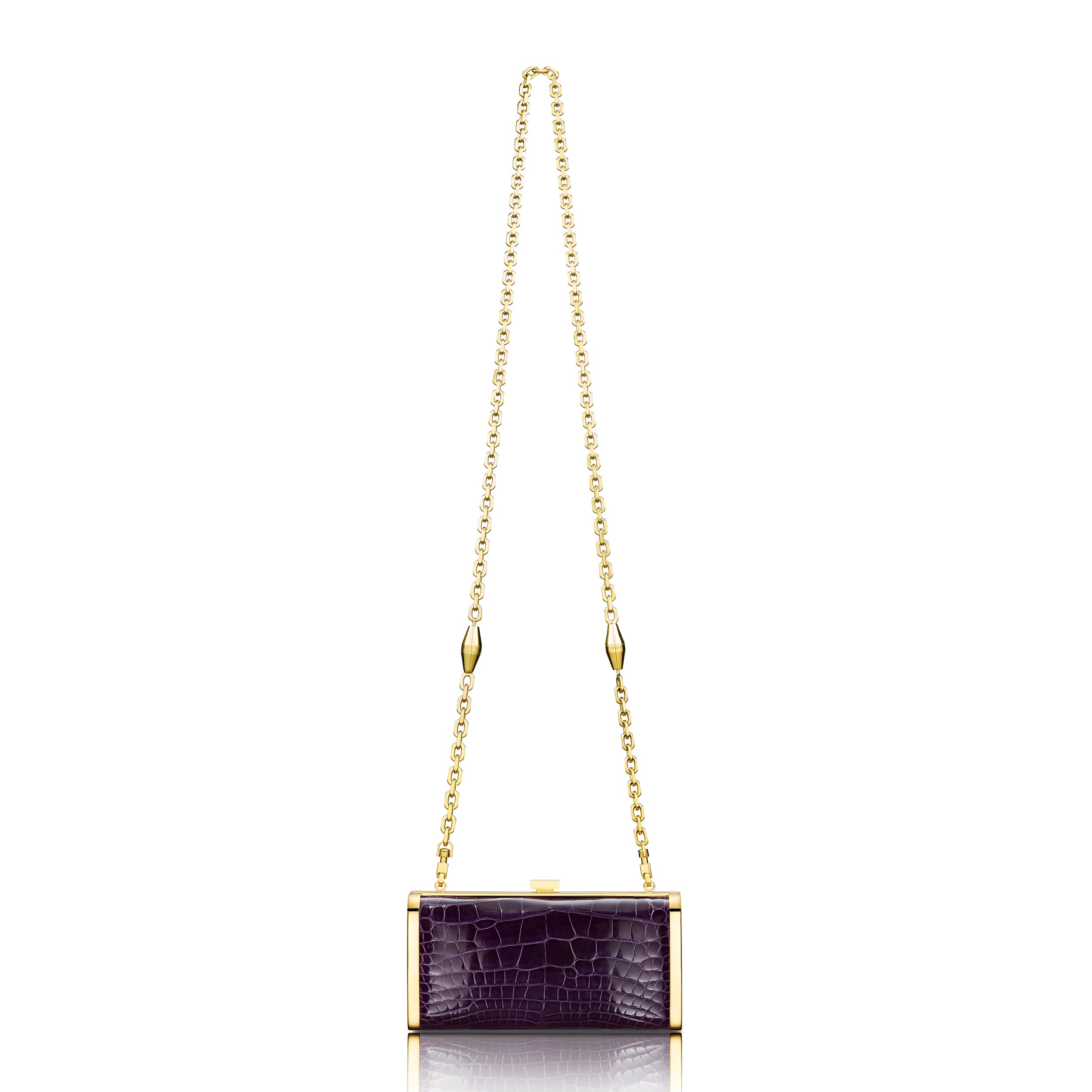 STALVEY Square Clutch in Royal Purple Alligator with 24kt Gold Hardware Front View with Chain