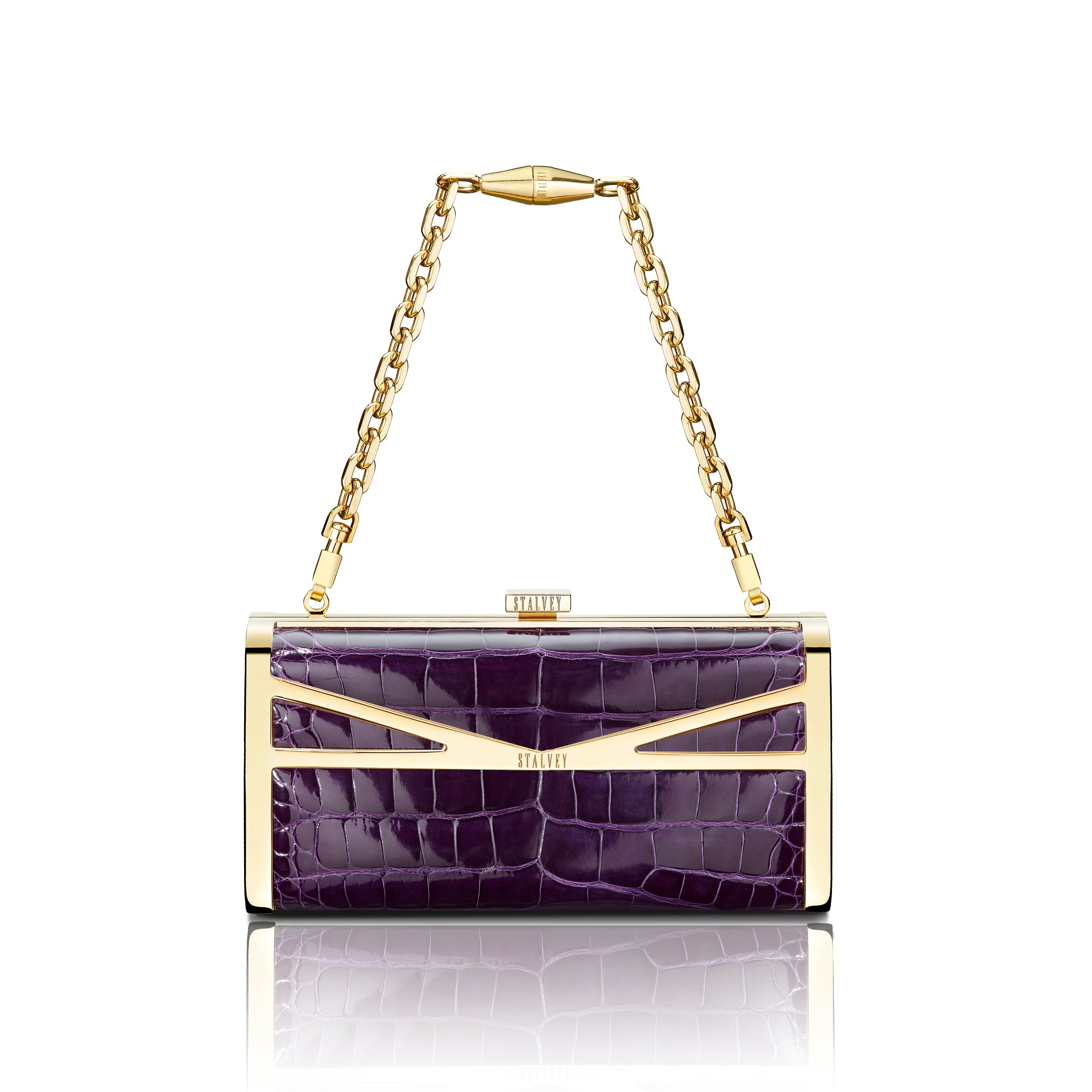 STALVEY Square Clutch in Royal Purple Alligator with 24kt Gold Hardware Front View with Chain