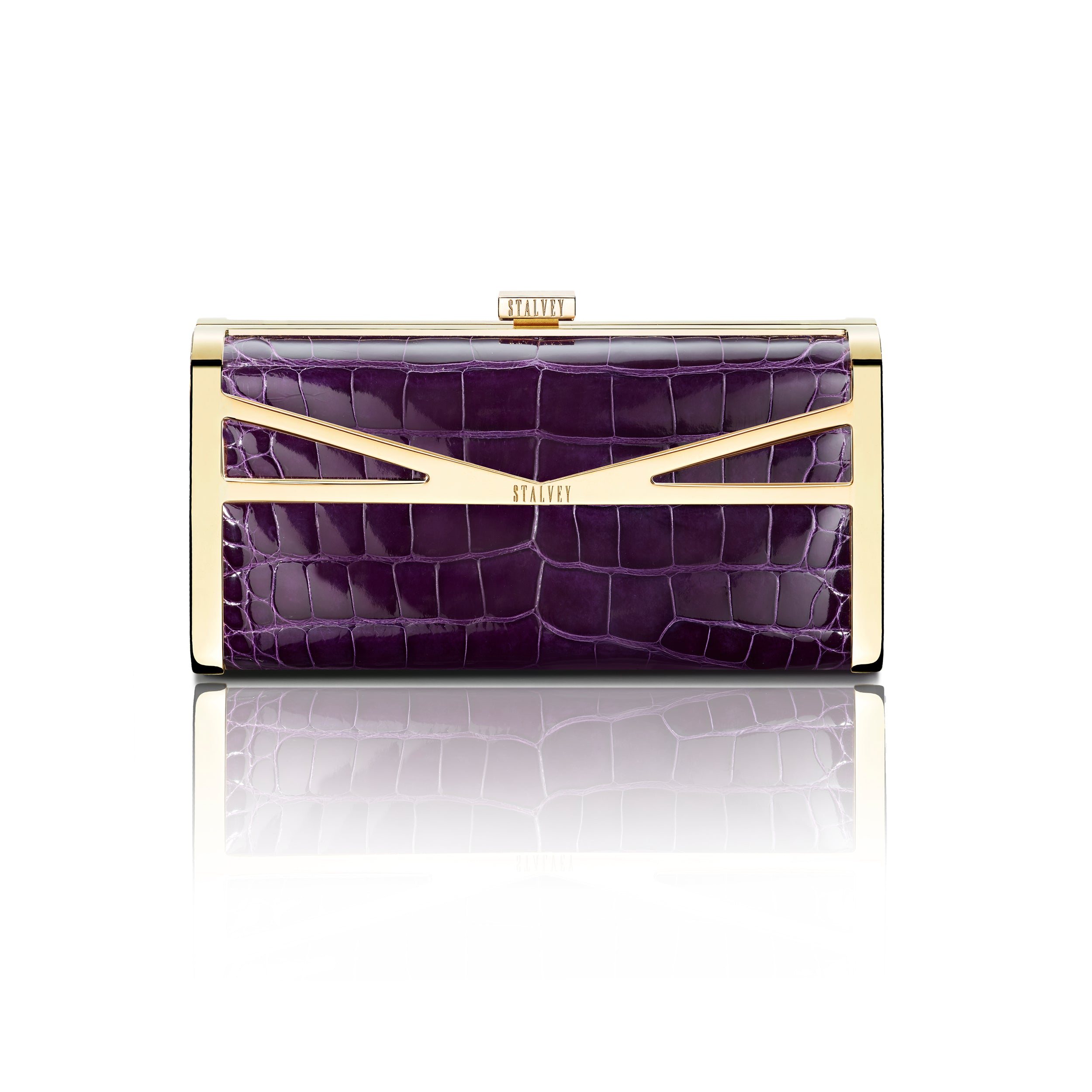 STALVEY Square Clutch in Royal Purple Alligator with 24kt Gold Hardware Front View