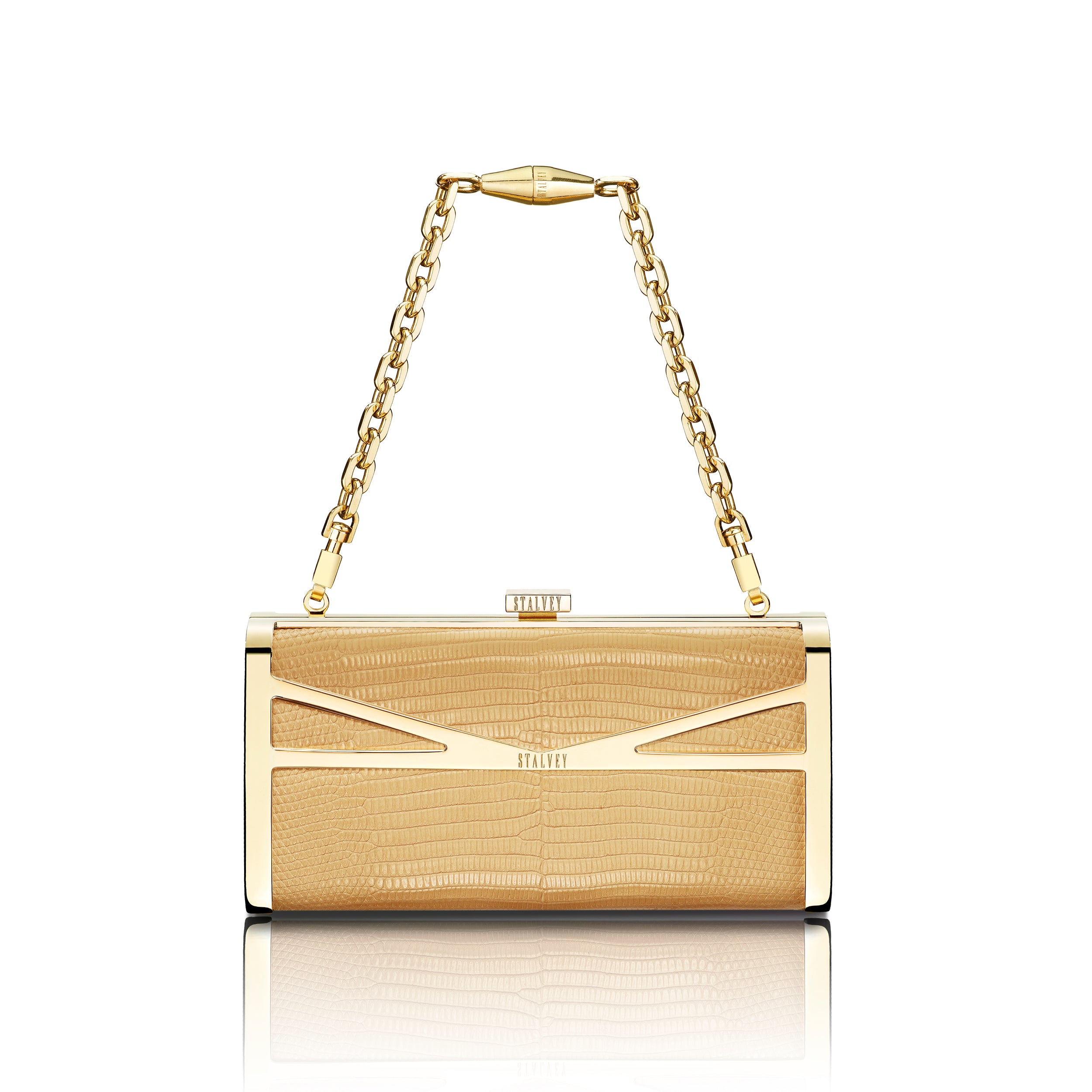STALVEY Square Clutch in Sand Dune Lizard with 24kt Gold Hardware Front View with Chain