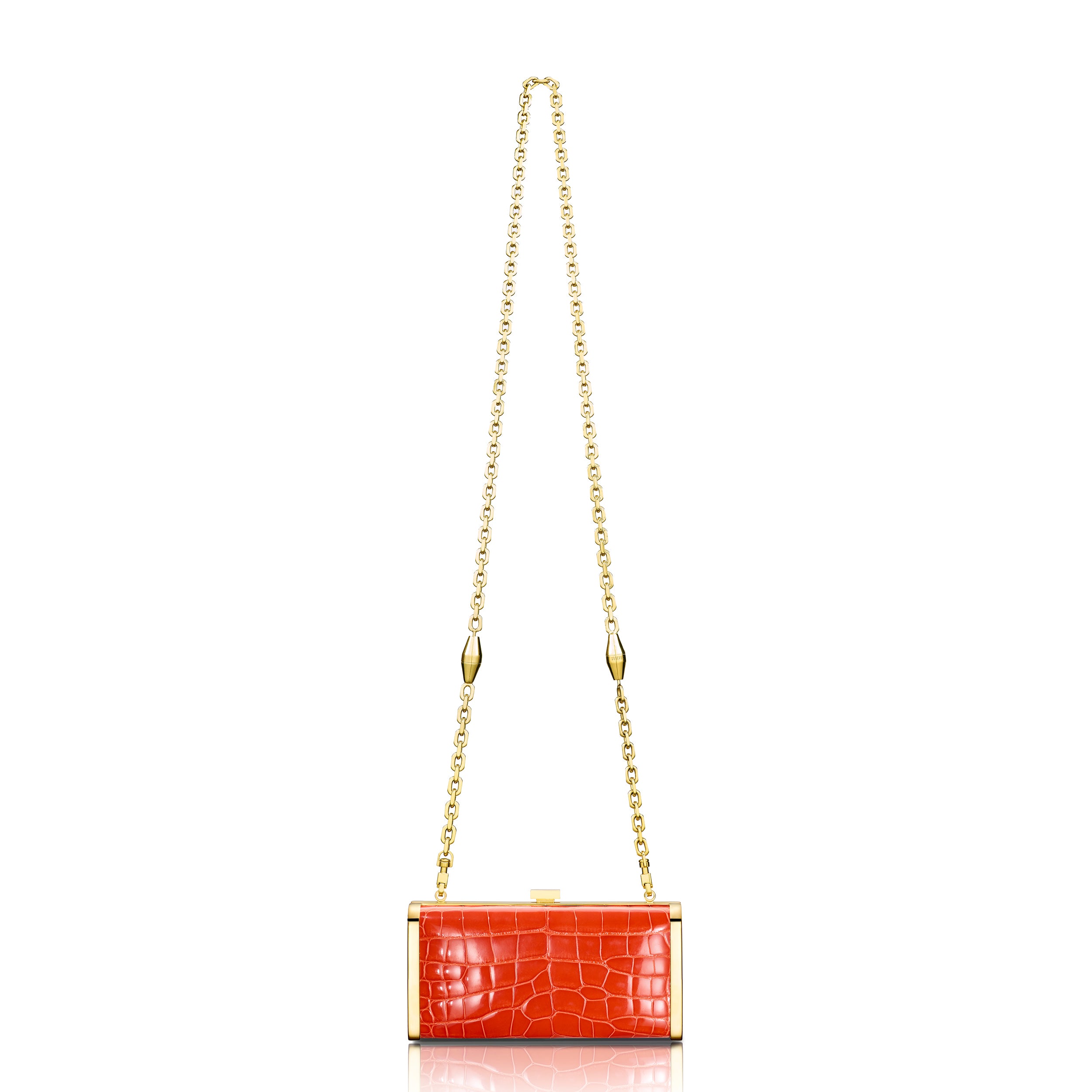 STALVEY Square Clutch in Orange Alligator with 24kt Gold Hardware Back View with Chain