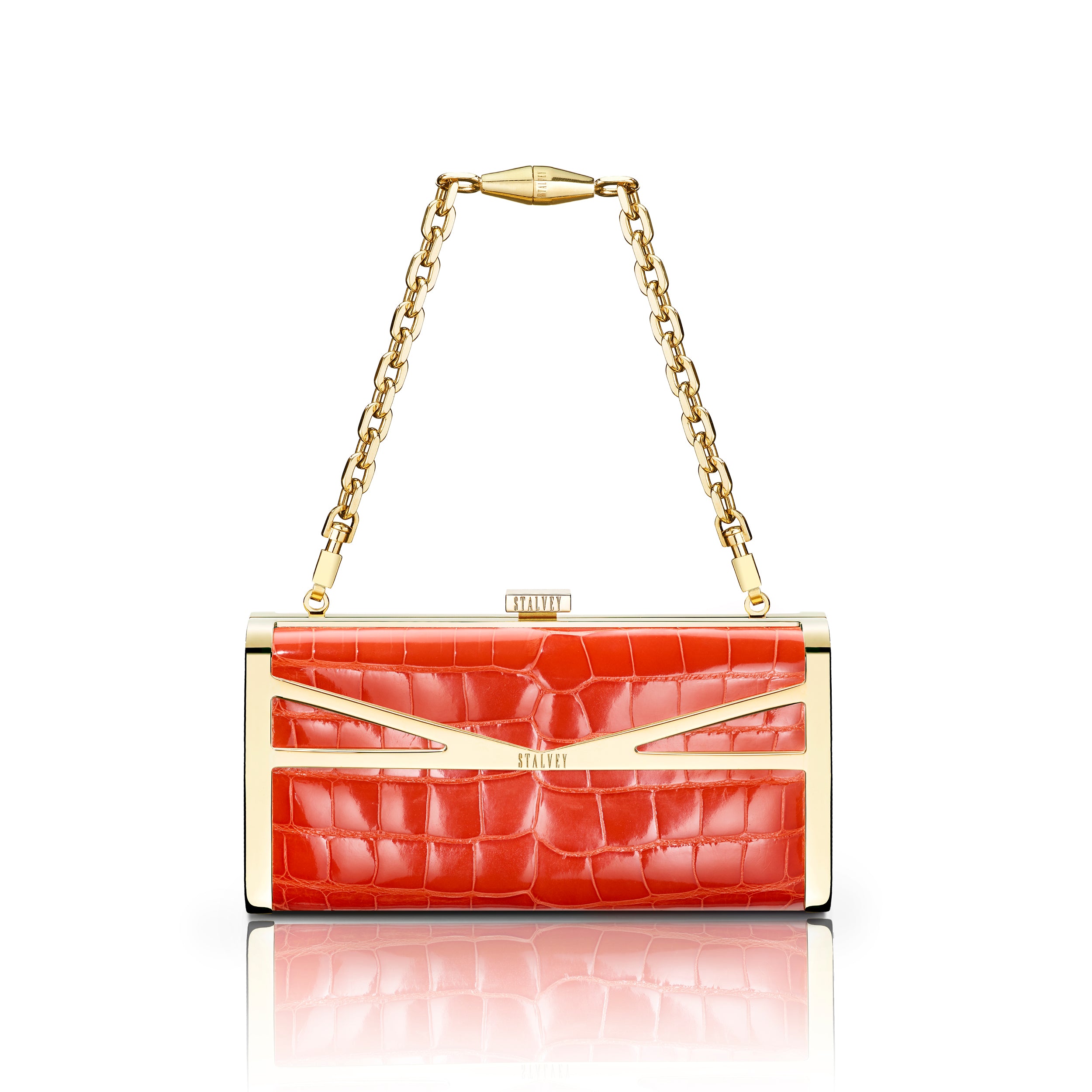 STALVEY Square Clutch in Orange Alligator with 24kt Gold Hardware Front View with Chain